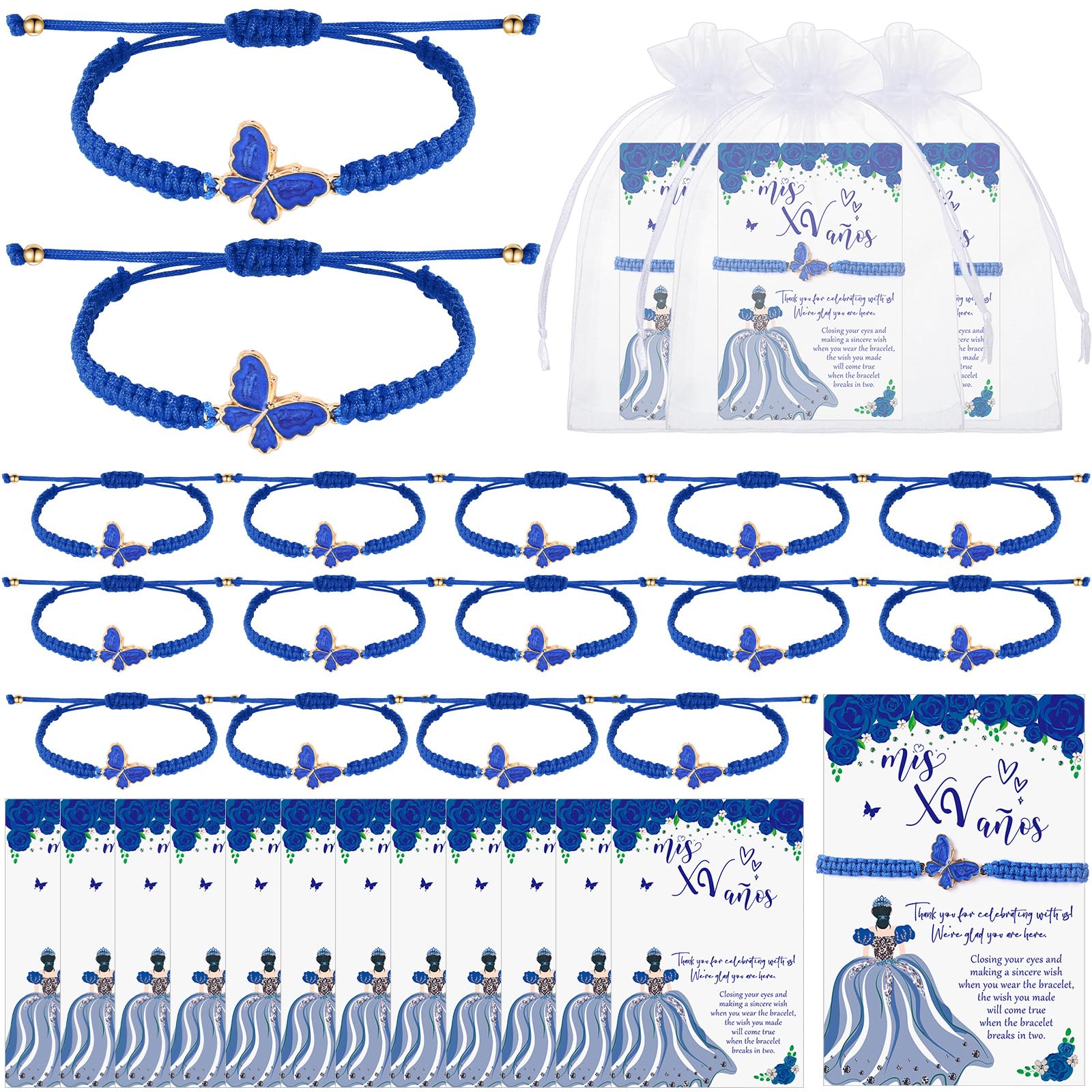 Wenqik 25 Pcs Quinceanera Butterfly Bracelet Adjustable Strings Cute Butterfly Charms for Woven Bracelets Accessories Quinceanera Party Favors