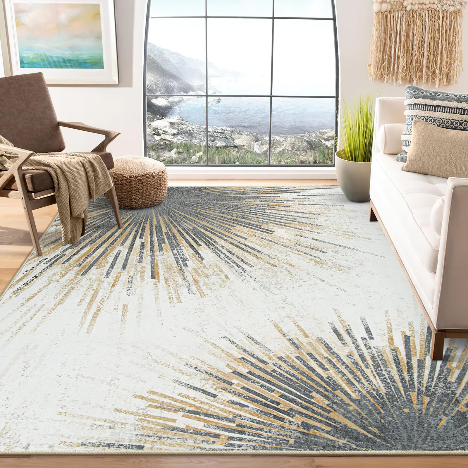 Lahome Modern Large Living Room Rug - Machine Washable Area Rug 6x9 Non-Slip Soft Bedroom Rugs Throw Ultra-Thin Rug for Dining Room Table, Abstract Print Indoor Rug for Office Home (Gold/Gray, 6'x9')