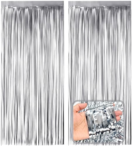 2 cortinas de flecos metálicos de oropel plateado brillante con flecos, serpentinas de pared, accesorios de cabina de fotos, telón de fondo para