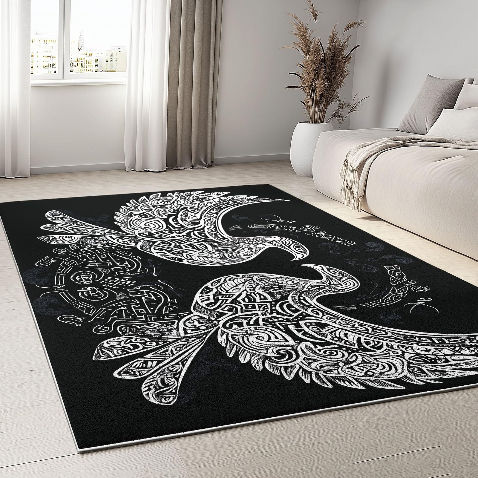 Tapis de chambre 160x230 cm oiseau abstrait viking noir