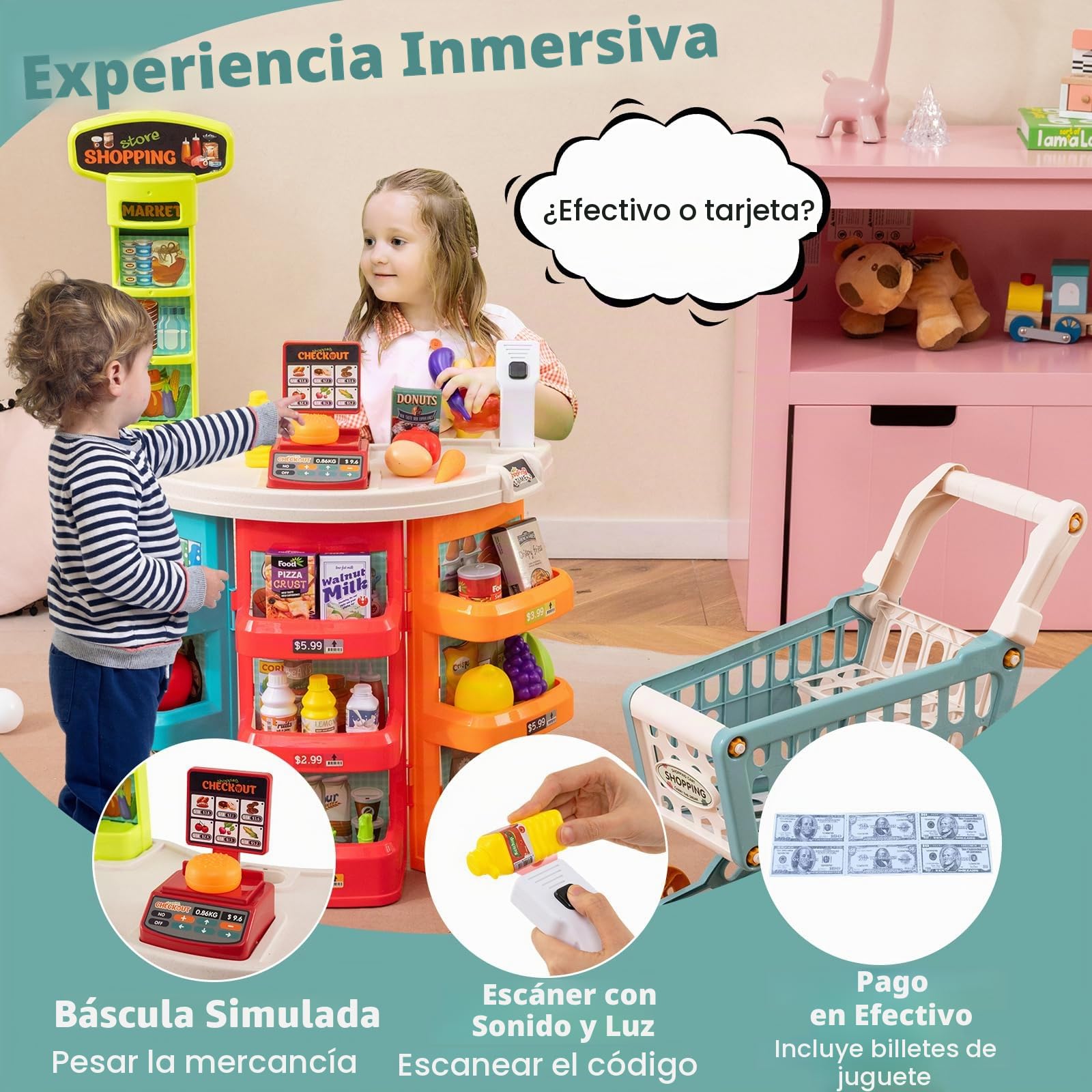 RELAX4LIFE Supermercado Juguete Infantil con Luz, Sonido, Carrito Compra, Cesta y 29 Accesorios, Caja Registradora Juguetes con Escáner, Supermercado de Madera para Niños de 3+ Años (Multicolor)