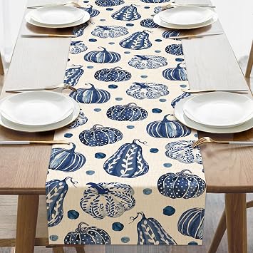 Fall Chinoiserie Pumpkin Dining Table Runner, Autumn Thanksgiving Blue and White Porcelain Burlap Kitchen Decoration, Polka Dots Seasonal Indoor Outdoor Home Decor Party Supply 13 x 72 Inches