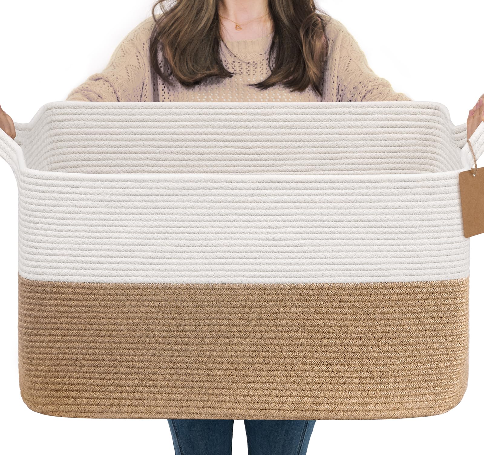 Goodpick 75L Extra Large Woven Rope Blanket Basket, Rectangle, Jute | 22" × 17" × 12" Decorative Storage Basket for Pillows, Toys &amp; Daily Essentials, Fits Living Room, Bedroom &amp; Home Decor