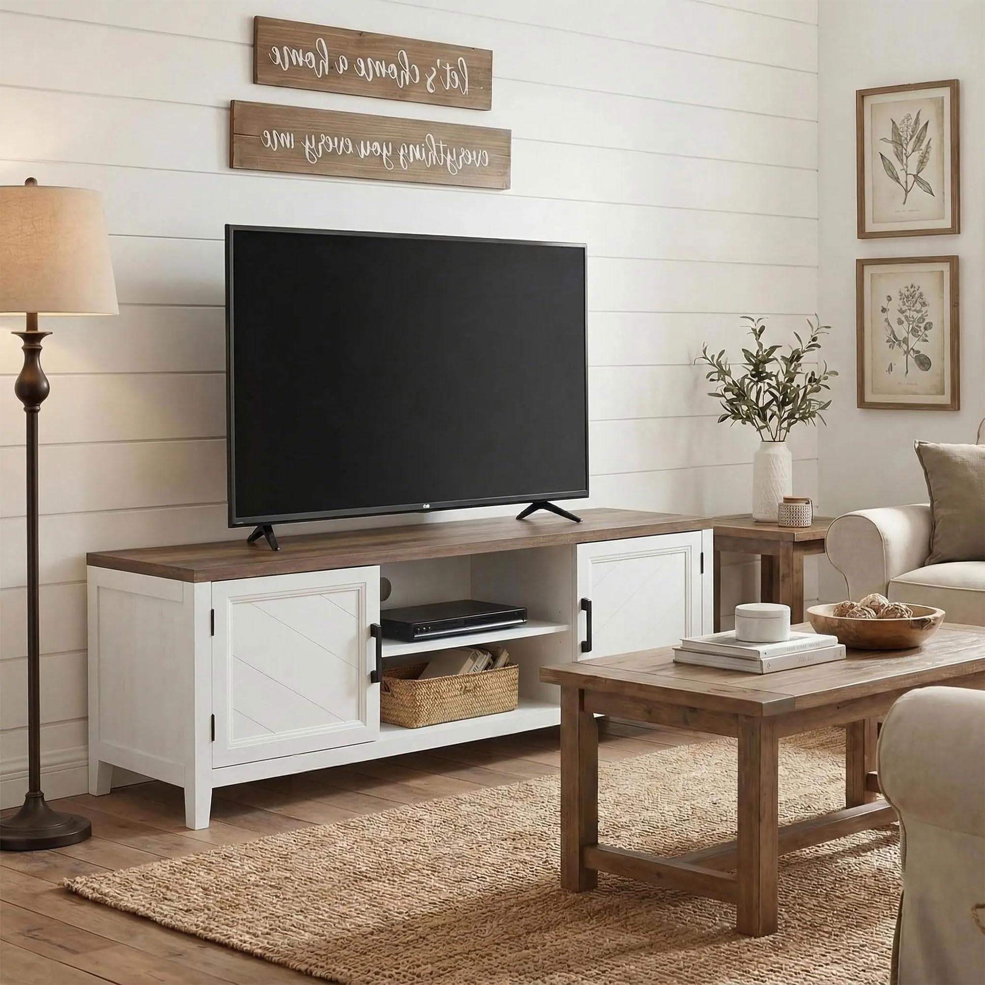 HOMCOM Mobile TV da 140 cm, Mobile TV per TV fino a 42 pollici con 2 ante 2 scomparti aperti, stile rustico, Panca TV per soggiorno, camera da letto, bianco e marrone