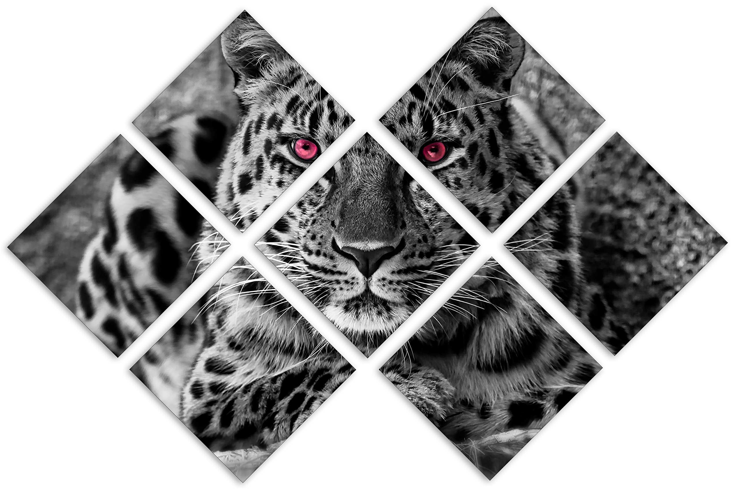 43 x 29 TOTAL - Amur Leopard Canvas Print Wall Art B&W Fuchsia eyes 7 Panel Butterfly Split Big Cat, wildlife animal