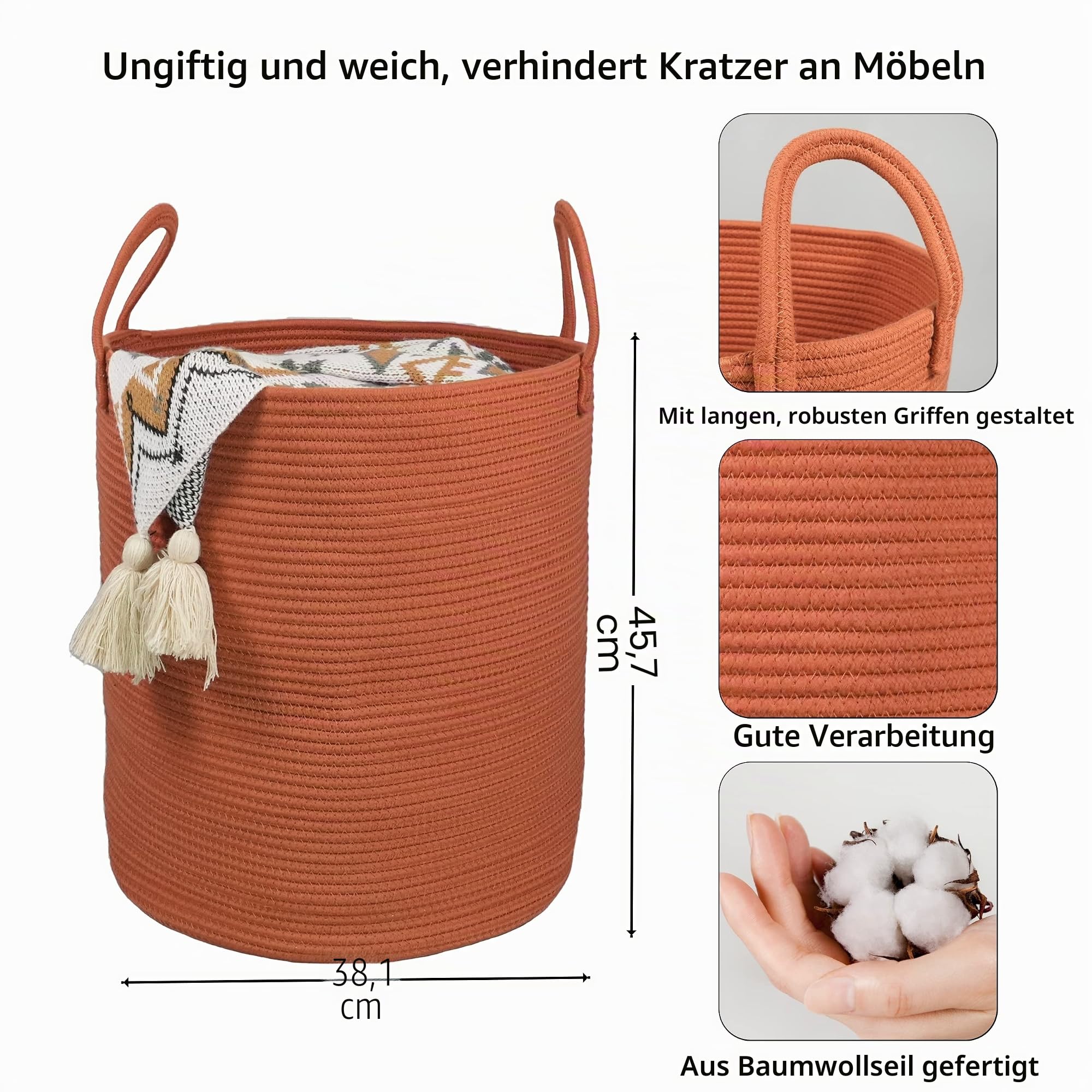 XUANGUO Wäschekorb aus Baumwollseil, für Kleidung, gewebter Aufbewahrungskorb für Wohnzimmer, Schlafzimmer, Boho, hohe Seilkörbe für Decke, Spielzeug, Kissen, Handtücher, Baby, Kinderzimmer, groß