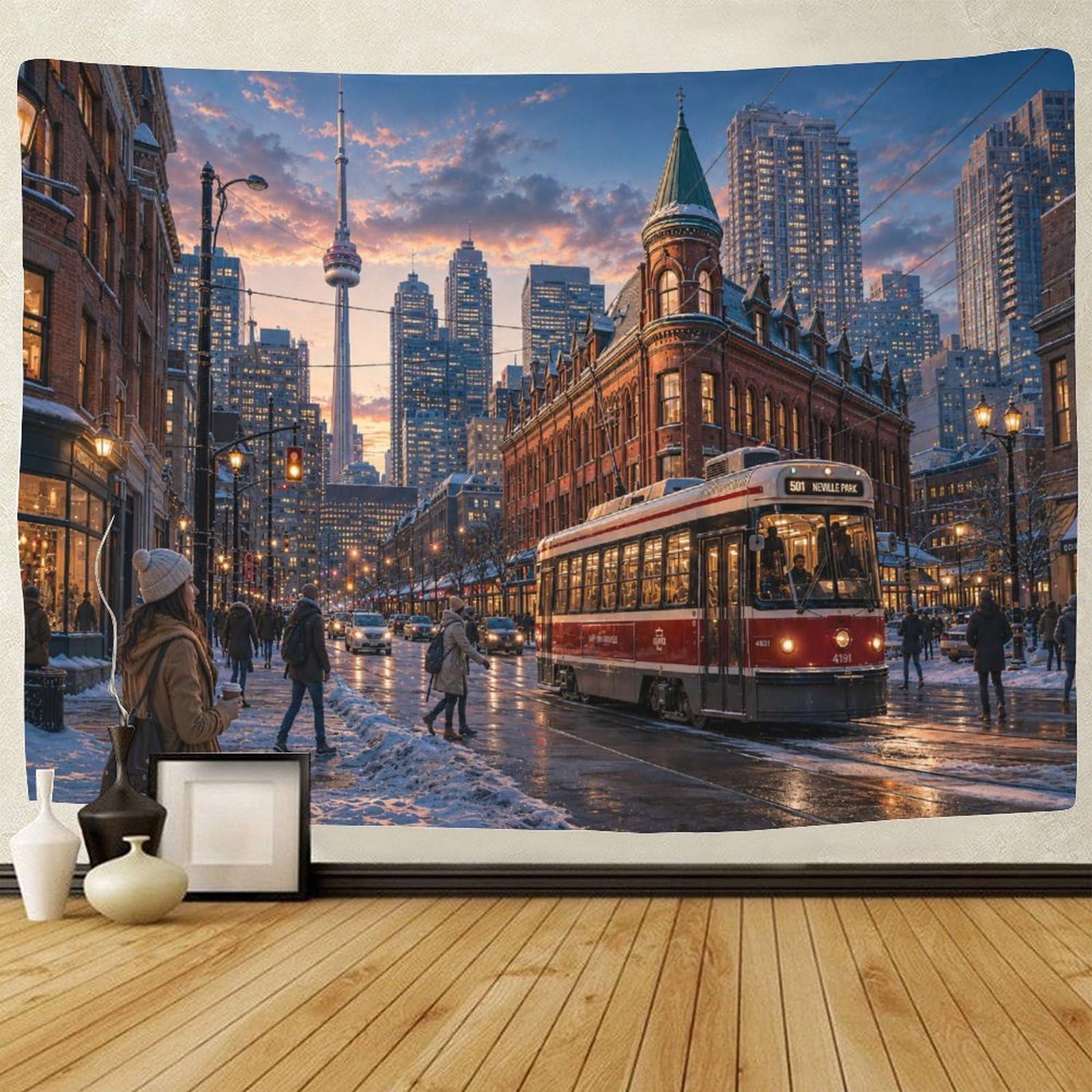 ASDFGHJKLZA Vintage Toronto 3D Print Wall Hanging Decor Tapestry Wall Art Decor Winter Streetscape Tapestries Poster Home Decoration Bedroom Dorm 130cmx150cm