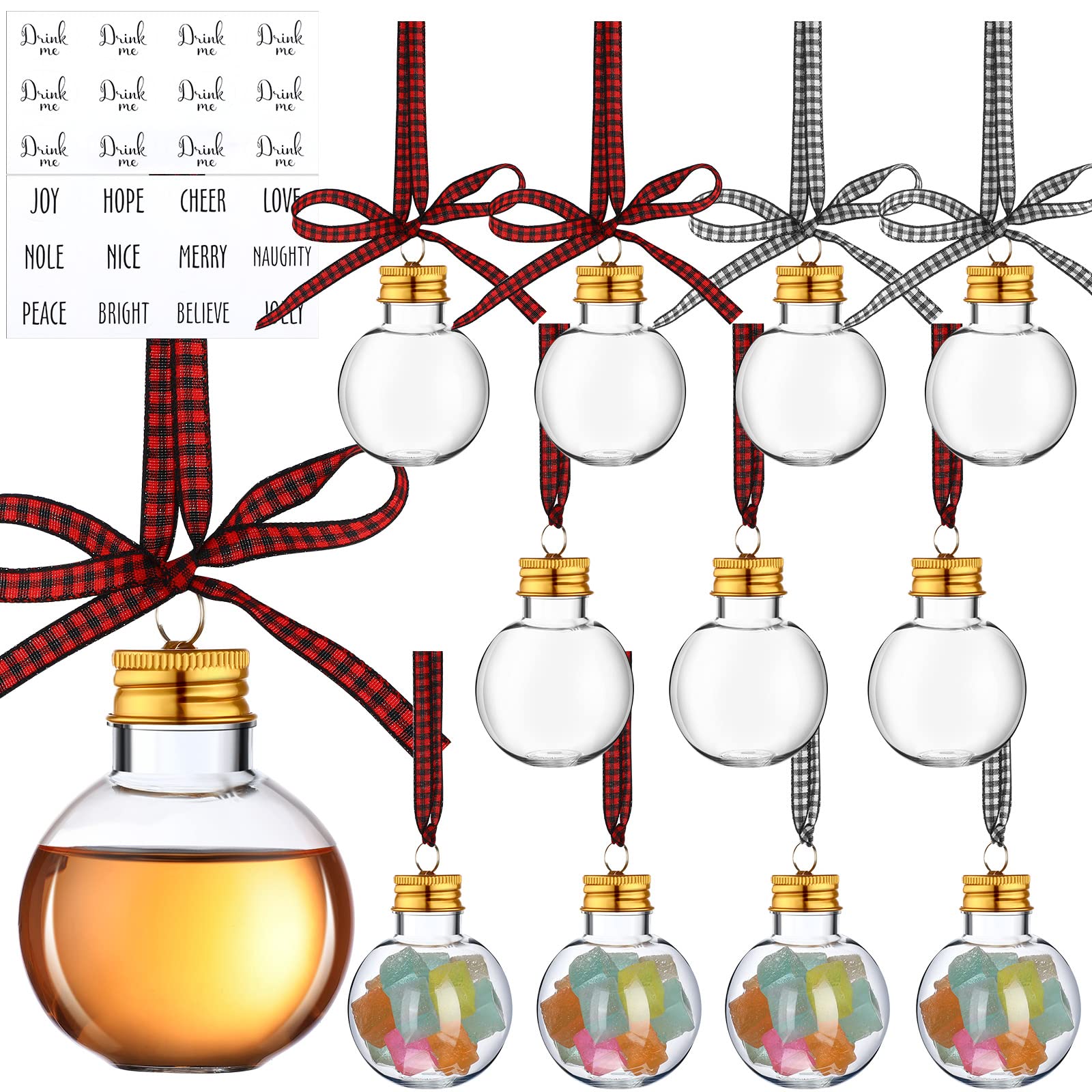 12 Pcs Christmas Booze Balls Christmas Fillable Booze Tree Ornaments with Buffalo Plaid Ribbon Stickers Clear Plastic Xmas Booze Pendant Ball for Xmas Party (Booze Ball, 50ml)