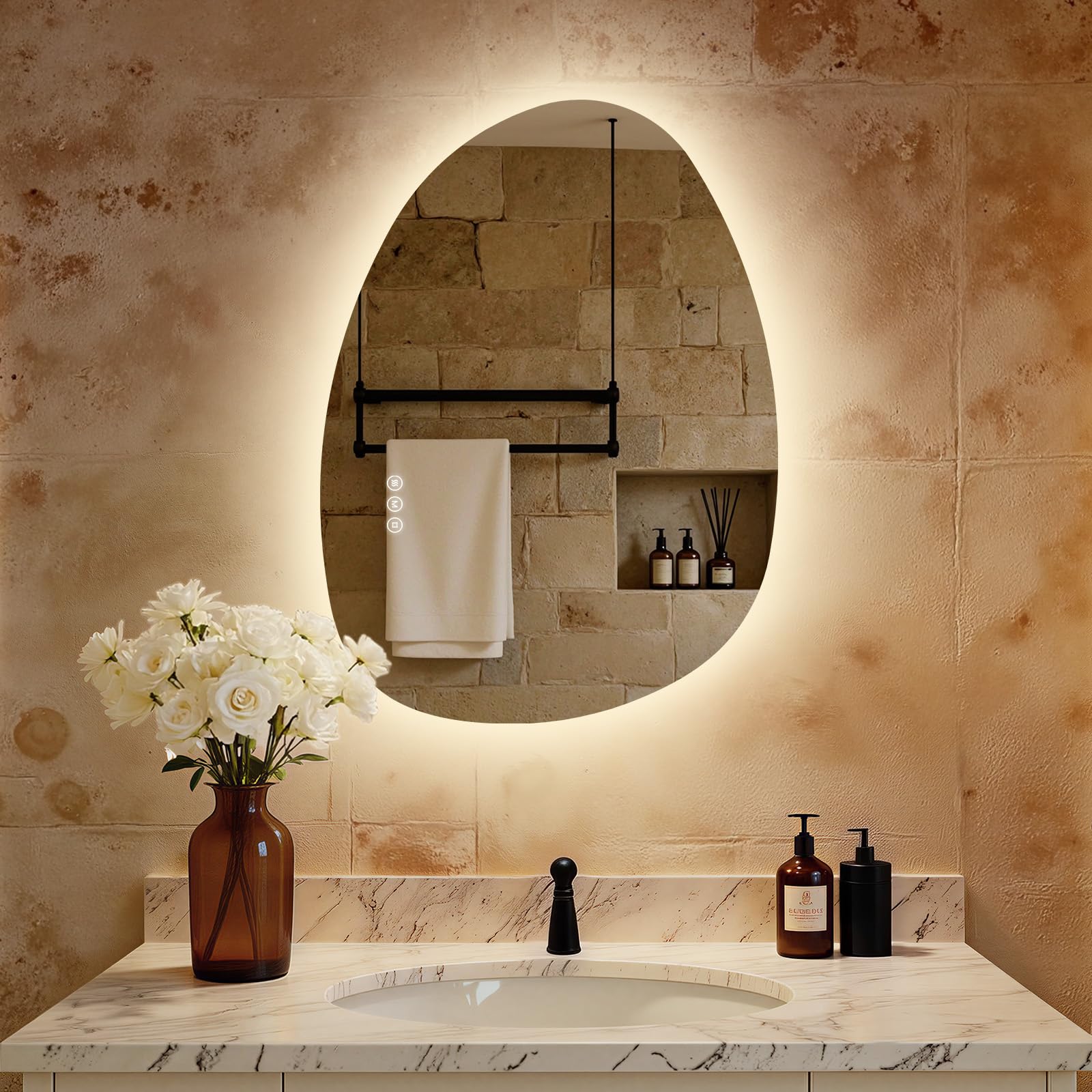S'AFIELINA Specchio da bagno con luci a LED,75 x 55 cm,con interruttore Smart Touch,luce dimmerabile in 3 colori,anti-appannamento,funzione memoria,retroilluminato,specchio bagno asimmetrico