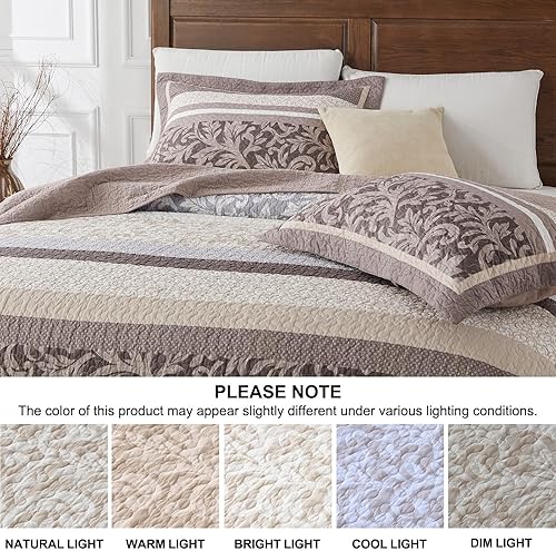 Miniatura 8 de Juego de colcha extragrande de 120 x 120 pulgadas, 100% algodón, diseño botánico a rayas, ligero y suave, para todas las estaciones, marróncaquigris