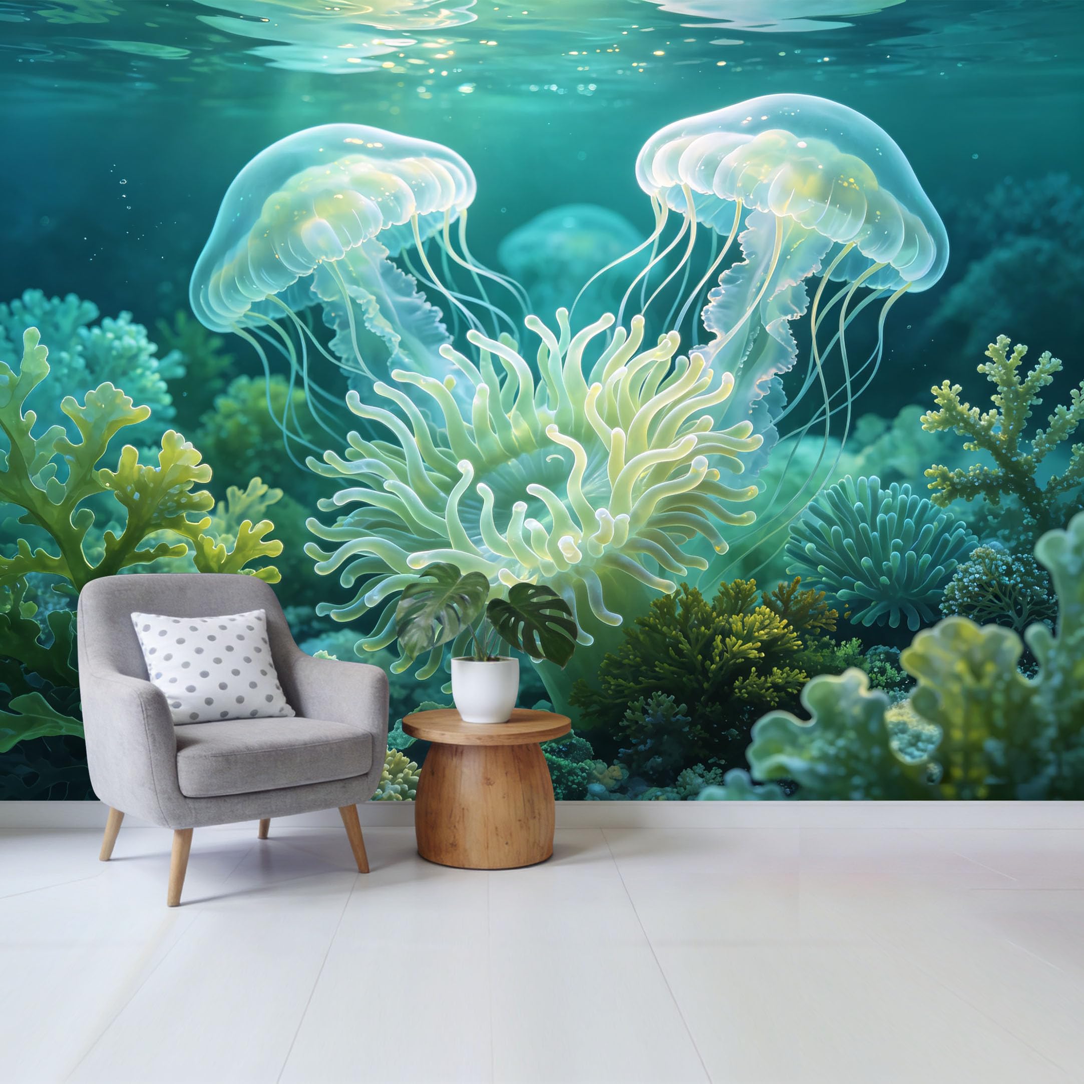 Qzlithotic Yq2605250754 Custom Size Wall Mural Glowing Jellyfish Sea Anemone Underwater Marine Ocean Life 3D Trompe L'oeil Selfadhesive Wall Fabric Removable Wallpaper For Home Office Decor