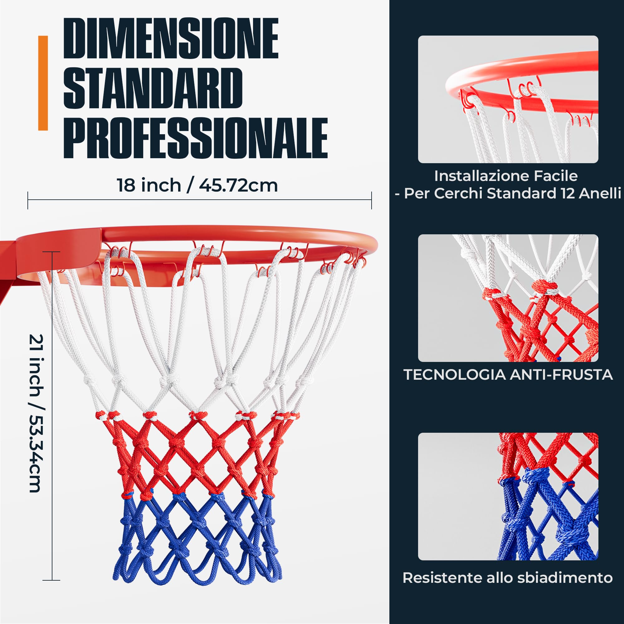 2 pezzi Rete per Basket Professionale 150g, Rete Resistente per Canestro Esterno, Anti Aggrovigliamento, Facile da Installare 12 Ganci, Colori Bianco Rosso Blu