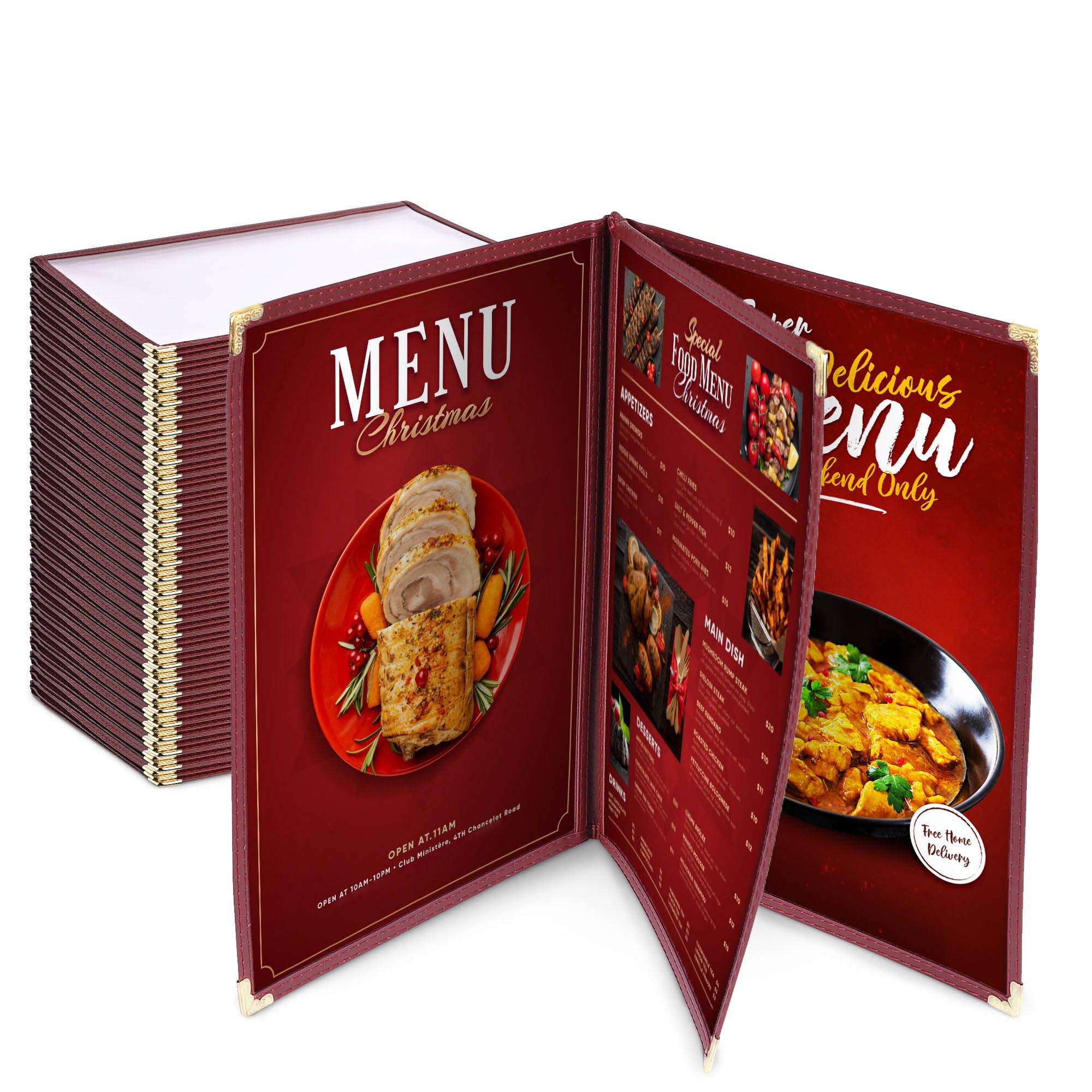WeChef 60 Pack Restaurant Menu Covers Burgundy 8.5x14" Book Style 3 Pages 6 View