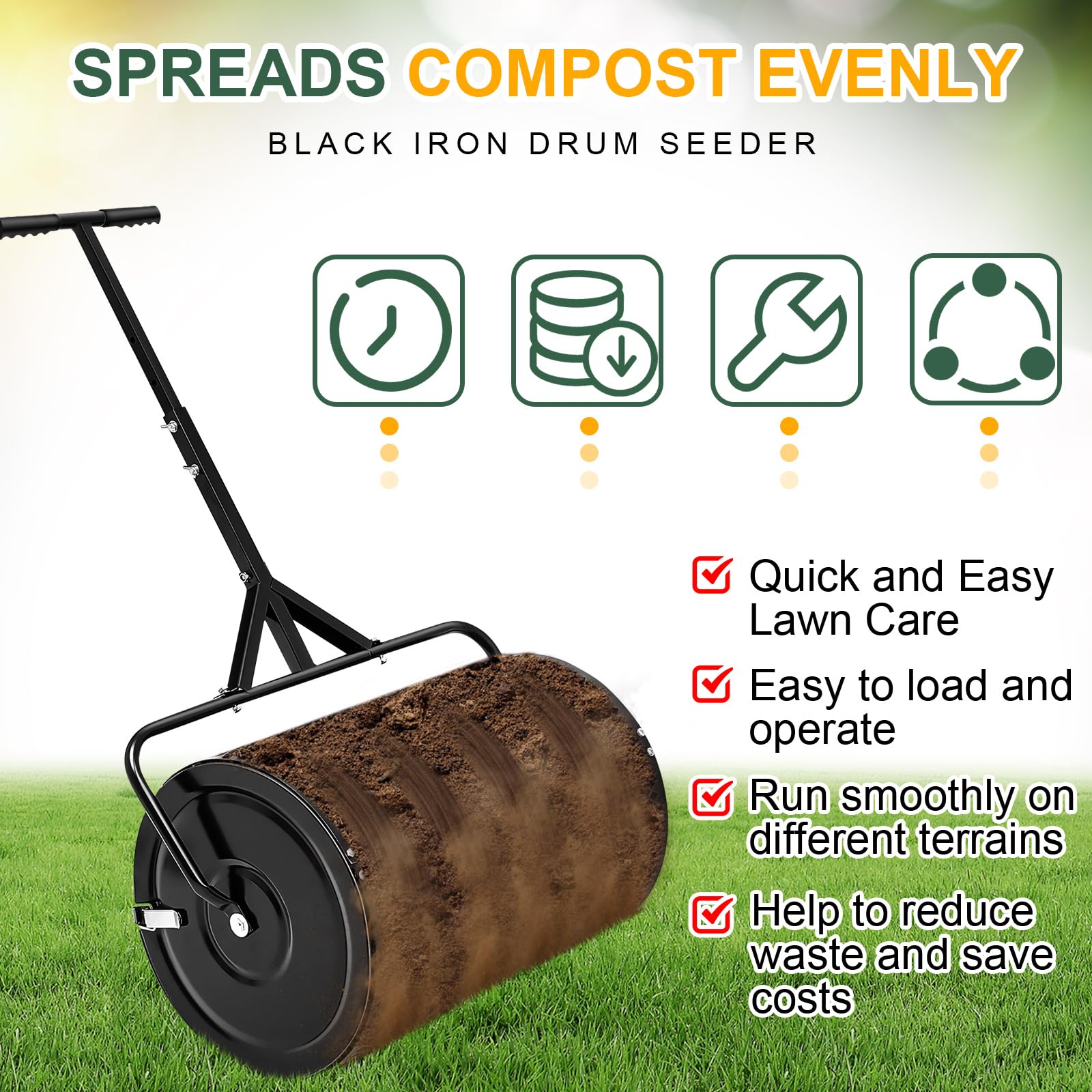 Hiboom Esparcidor de abono de turba para jardín, tierra superior, tierra, esparcidor de gotas de semillas con mango ajustable en forma de T, esparcidor de malla de metal ligero para patio (negro, 15.7