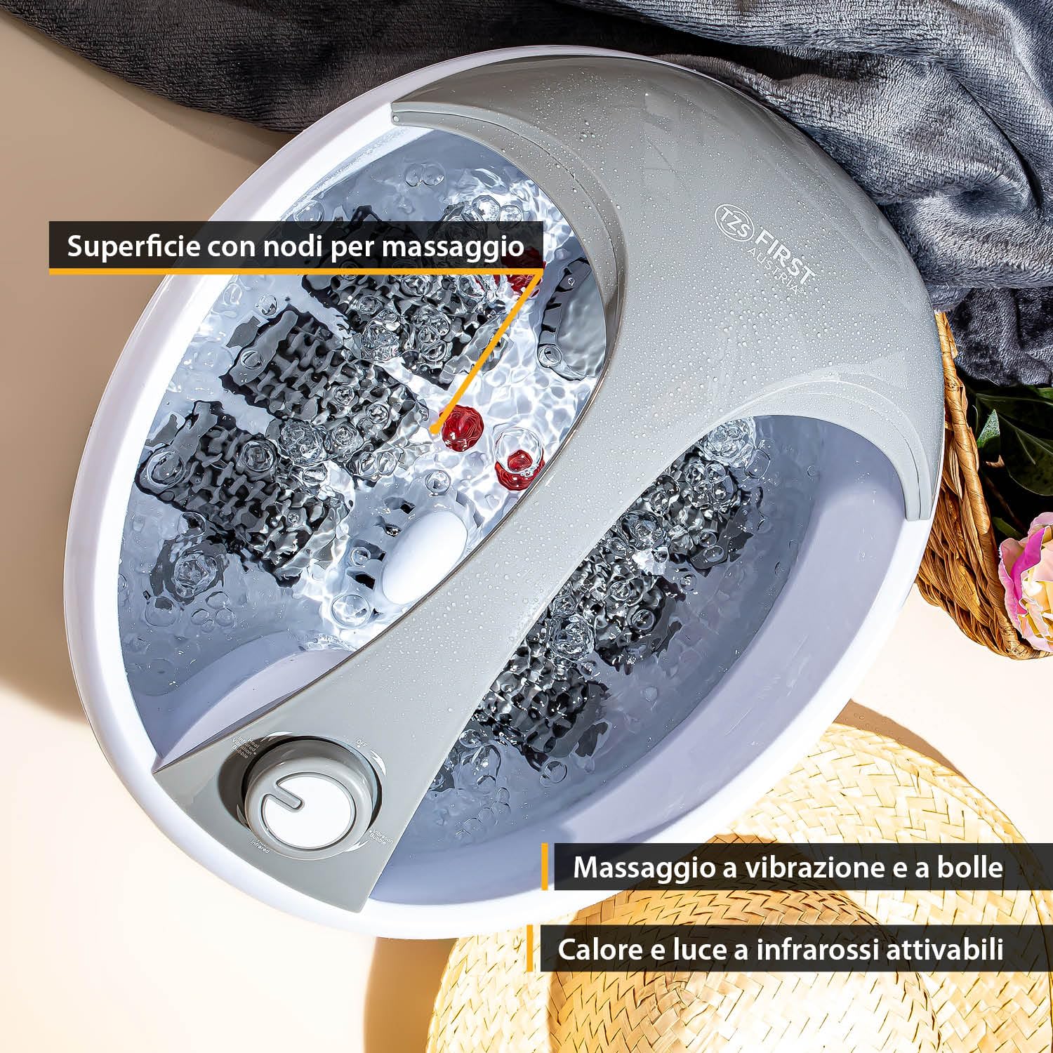 TZS First Austria - Pediluvio Massaggiatore - 450W - 3 Impostazioni & 6 Rulli Massaggianti - Idromassaggio Plantare Elettrico con Riscaldamento - Maniglia & Box Aroma