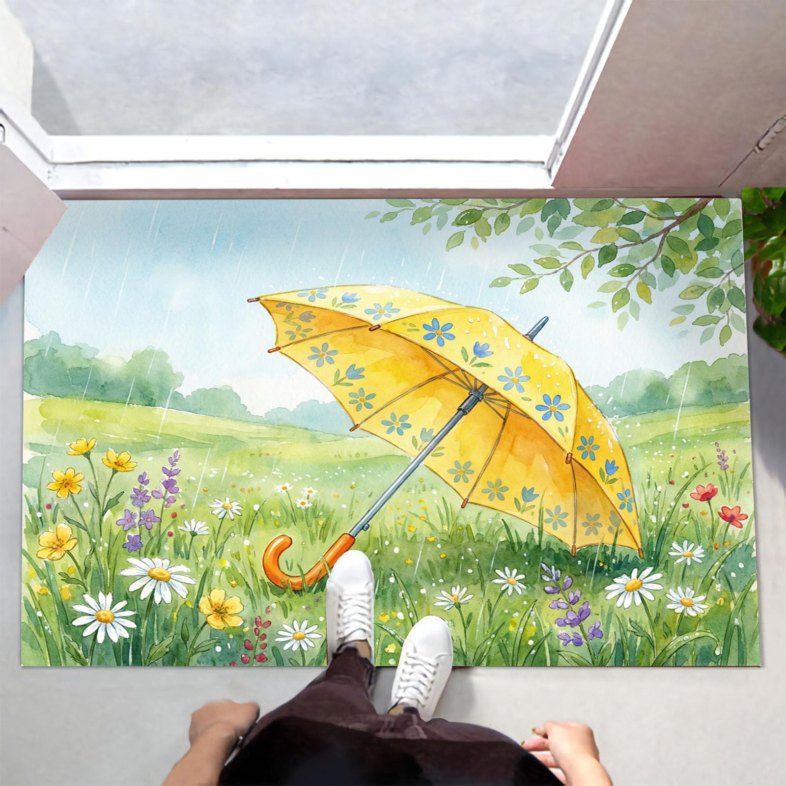 Paillasson absorbant 90x150cm imprimé prairie vert sauge pour entrée