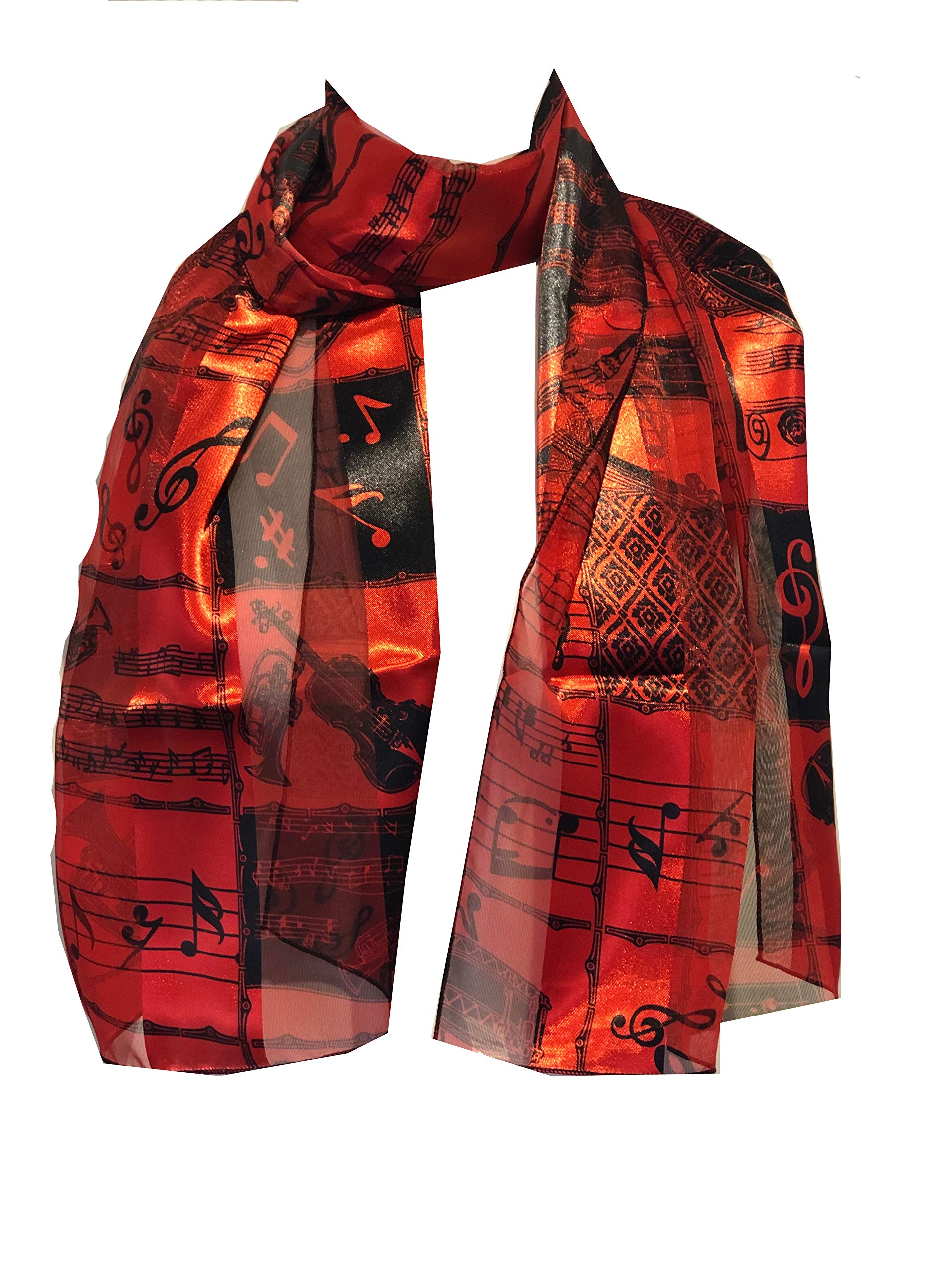 Pamper Yourself Now Musical Notes and Instruments Design Thin Shiny Scarf (Red)