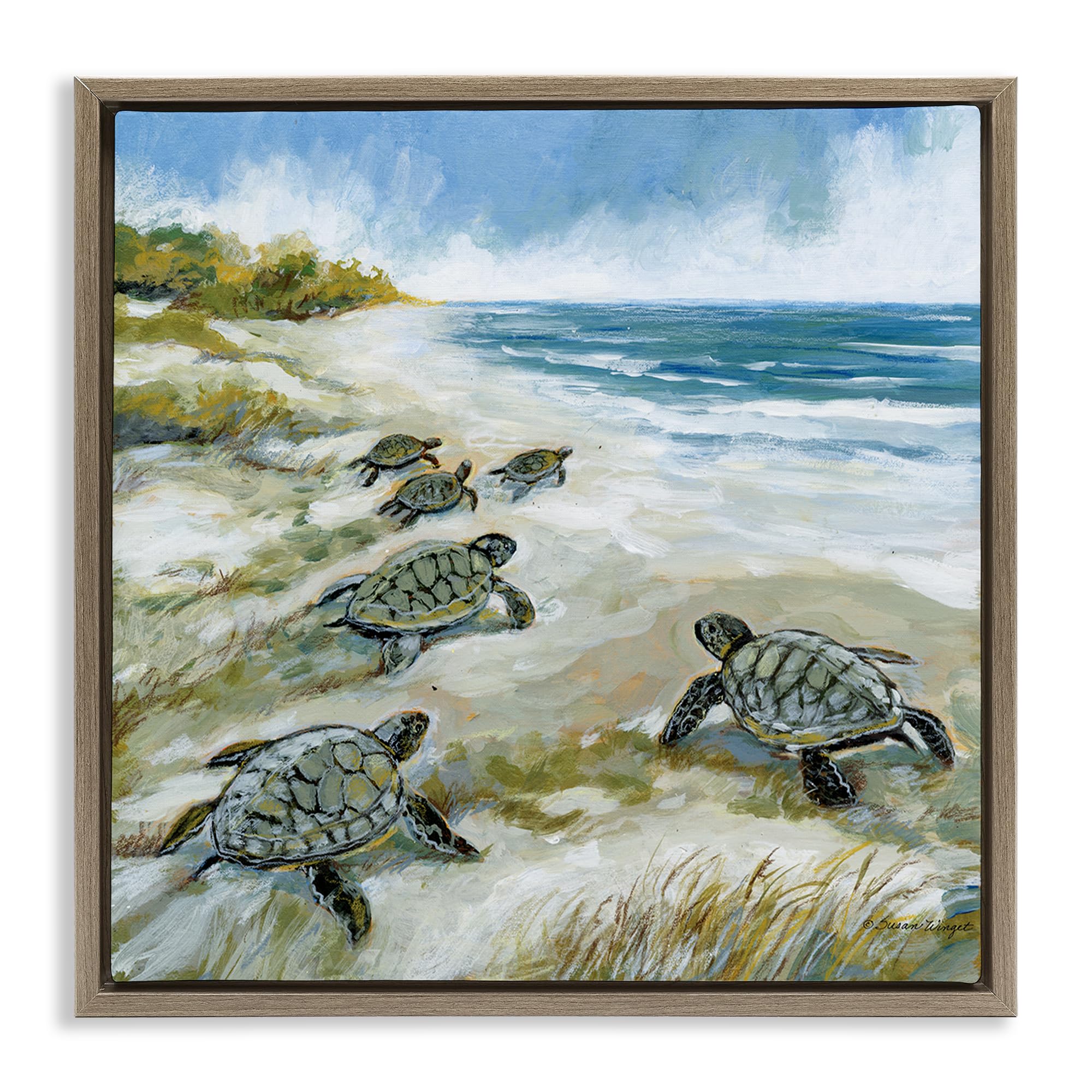 Stupell Industries Baby Sea Turtles Beach Waves 'Baby Sea Turtles On Beach', Floating Frame Canvas Art, Brown, 18 X 18 Inches, Easy To Hang And Sturdy, Made In Usa, By Susan Winget