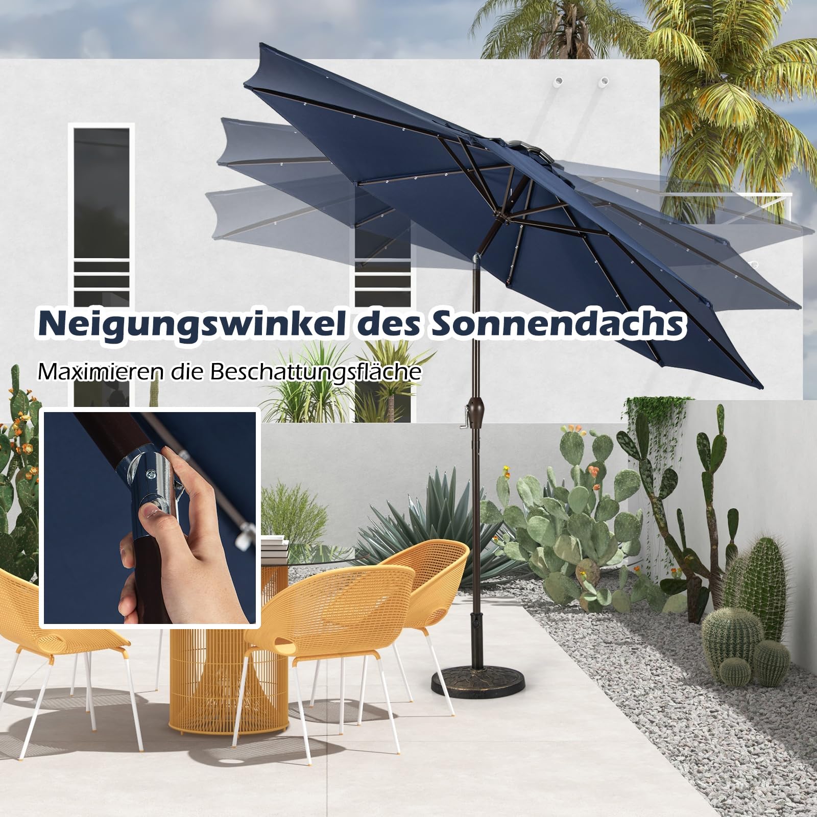 RELAX4LIFE Sonnenschirm Ø3M, Gartenschirm mit LED, Marktschirm Sechseck, Terrassenschirm mit Kurbelmechanismus, Kurbelschirm UV-beständig und Wasserabweisend, Ampelschirm Metallstruktur (Dunkelblau)