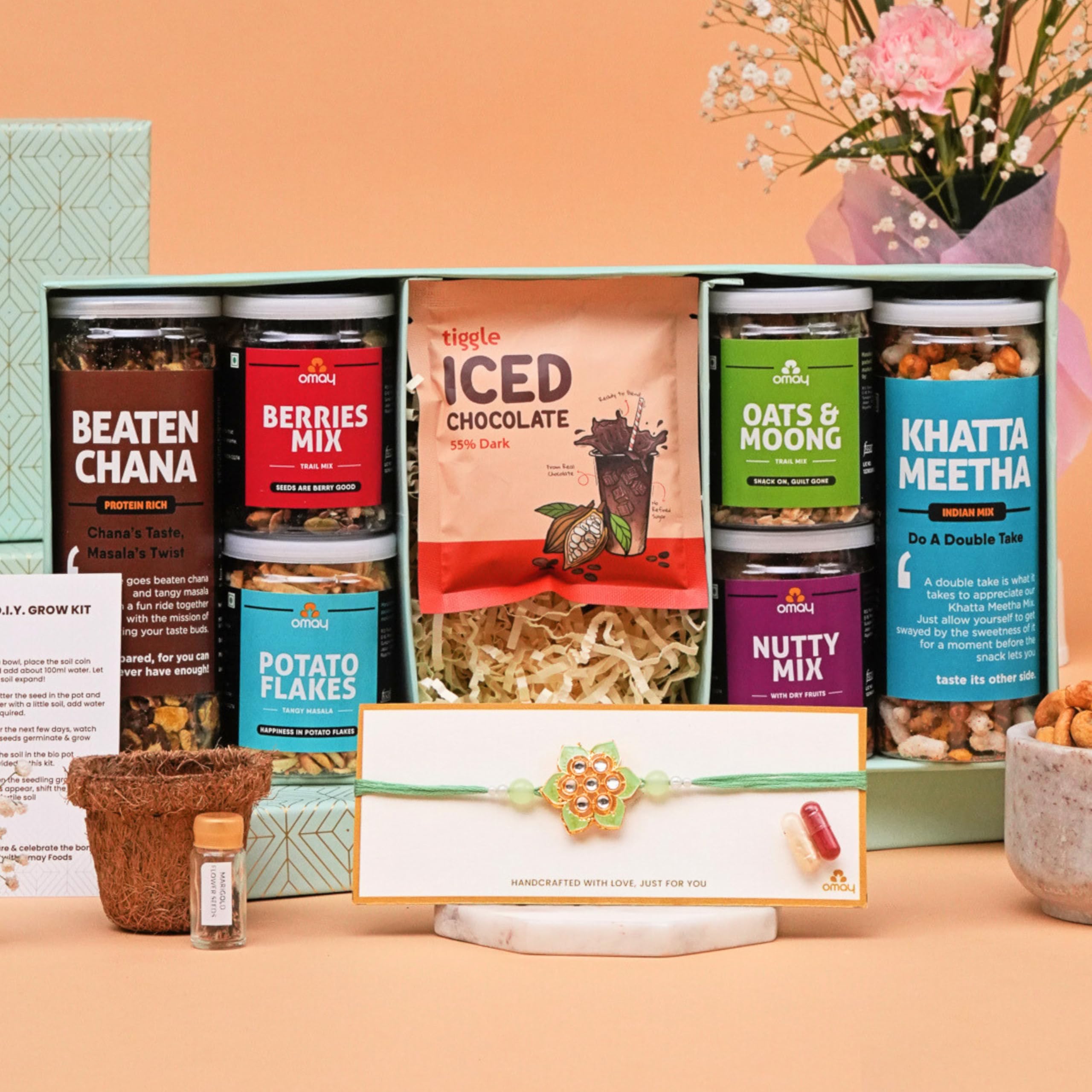 Omay Foods 8_pcs Sister’s Treat Rakhi Gift Hamper | Rakshabandhan Gift Hamper | Healthy Snacks Gift Box | Rakshabandhan Gift for Sisters I Gifts for Sister