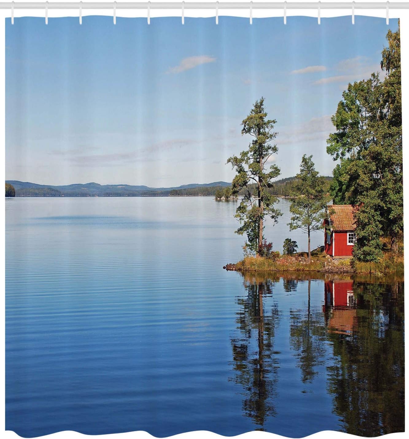 Ambesonne Landscape Shower Curtain, Calmness Themed Photo of The Tranquill Lakeside Water and Country House Between Trees for Peace Print, Fabric Bathroom Decor Set with Hooks, 69" W x 75" L, Blue