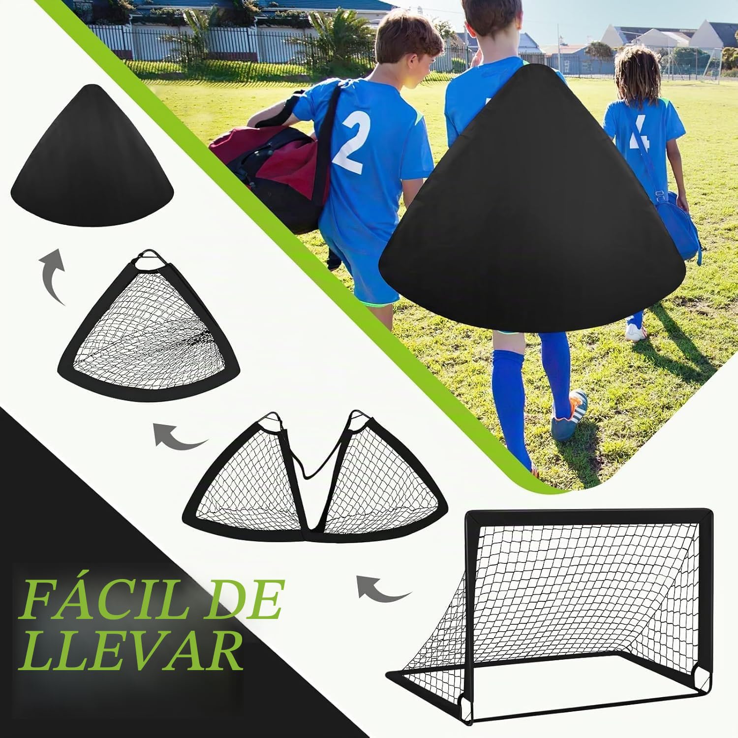 Porteria Futbol Niños para Patio, 2 Porterías de 1,2 x 0,9 m, Portátil, Equipo de Entrenamiento con Balón, 10 Conos, Bolsa de Transporte, Red de Práctica para Jóvenes, Deportes