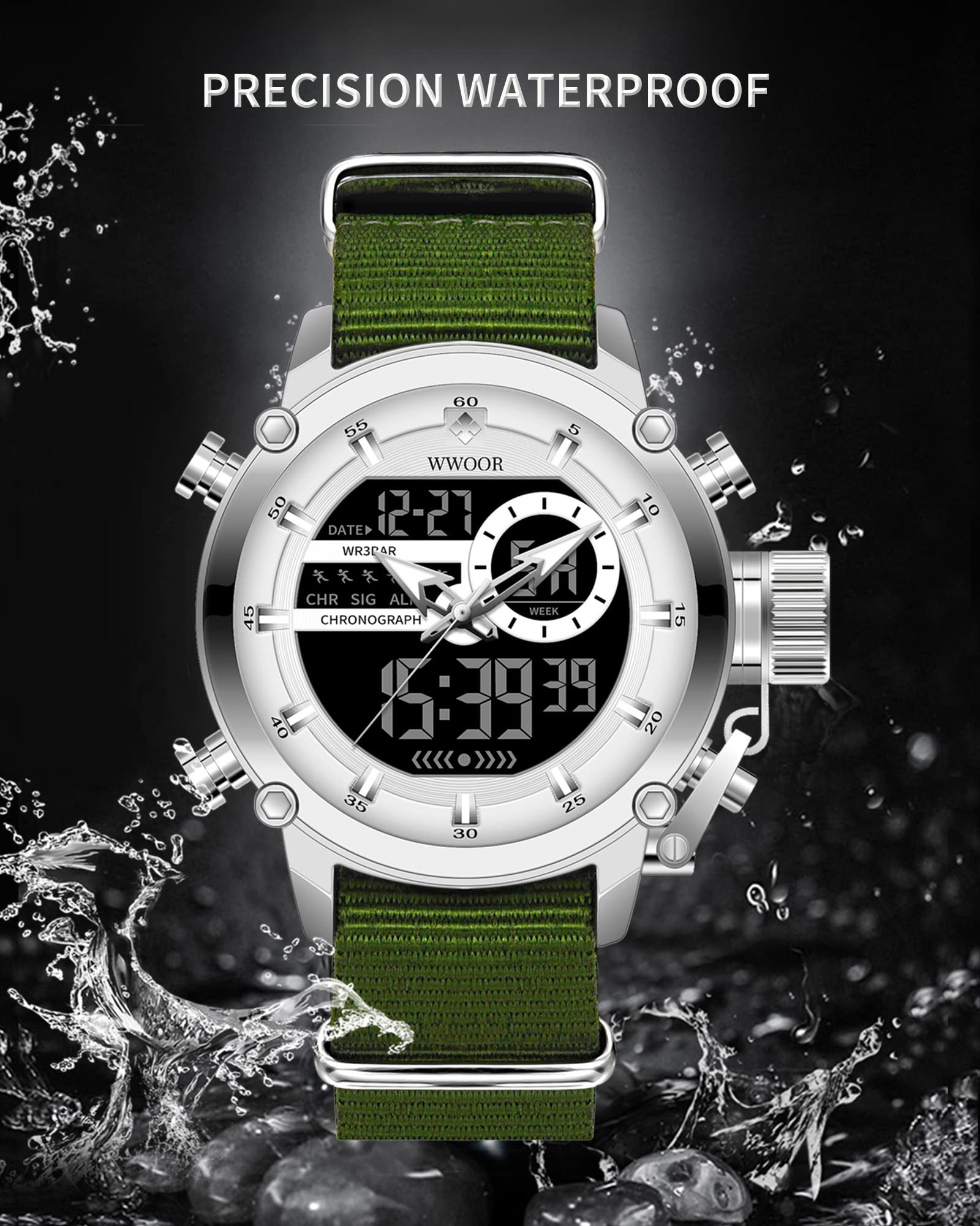 WWOOR Orologio da uomo, sportivo, impermeabile, militare, con data, multifunzione, tattica, orologio da uomo, con sveglia, cronometro, 01-NL-bianco, digitale, al quarzo