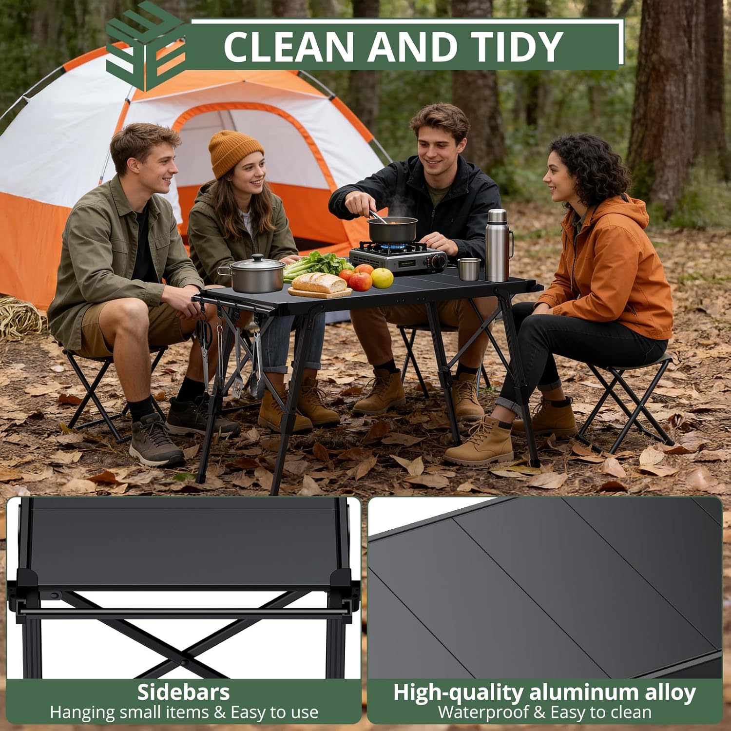EYPINS IGT Camping Table Foldable - 3ft Modular Folding Table Adjustable Height, with Side Hanging Rails,Aluminum Lightweight Small Portable Camping Tables for Outdoor Cooking,Camping,BBQ