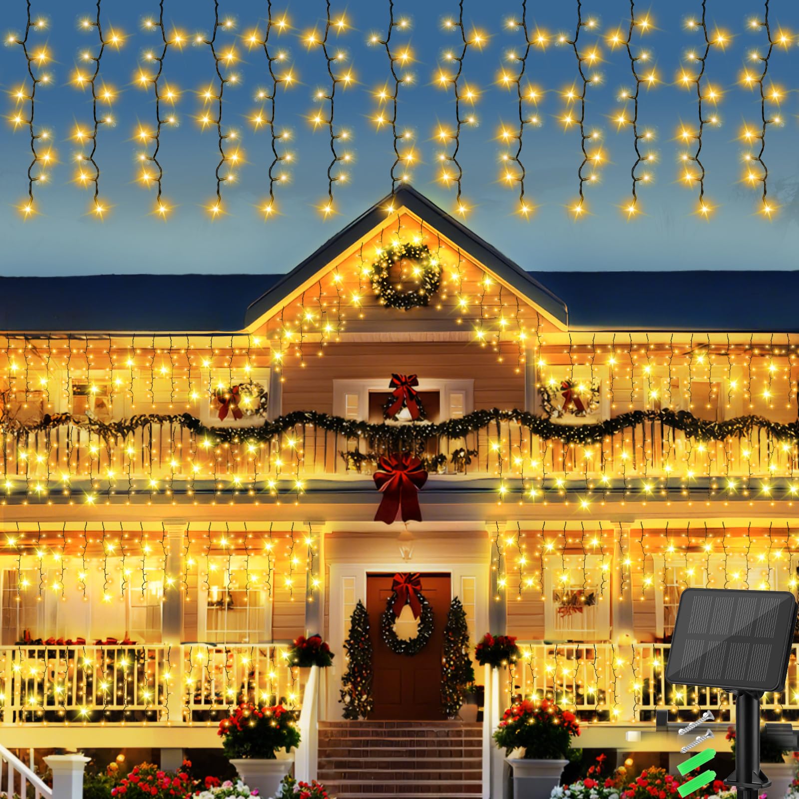 Gcstnn Solar Fence Curtain Lights Outdoor, 4Mx1M 200 LEDs Solar Icicle Fairy Lights Green Wire
