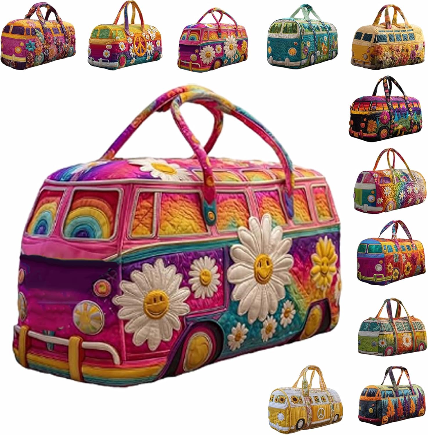 Hippie Van Quilted Duffle Bag, Boho Travel Weekender Bag with Strap, Retro Style for Everyday Travel