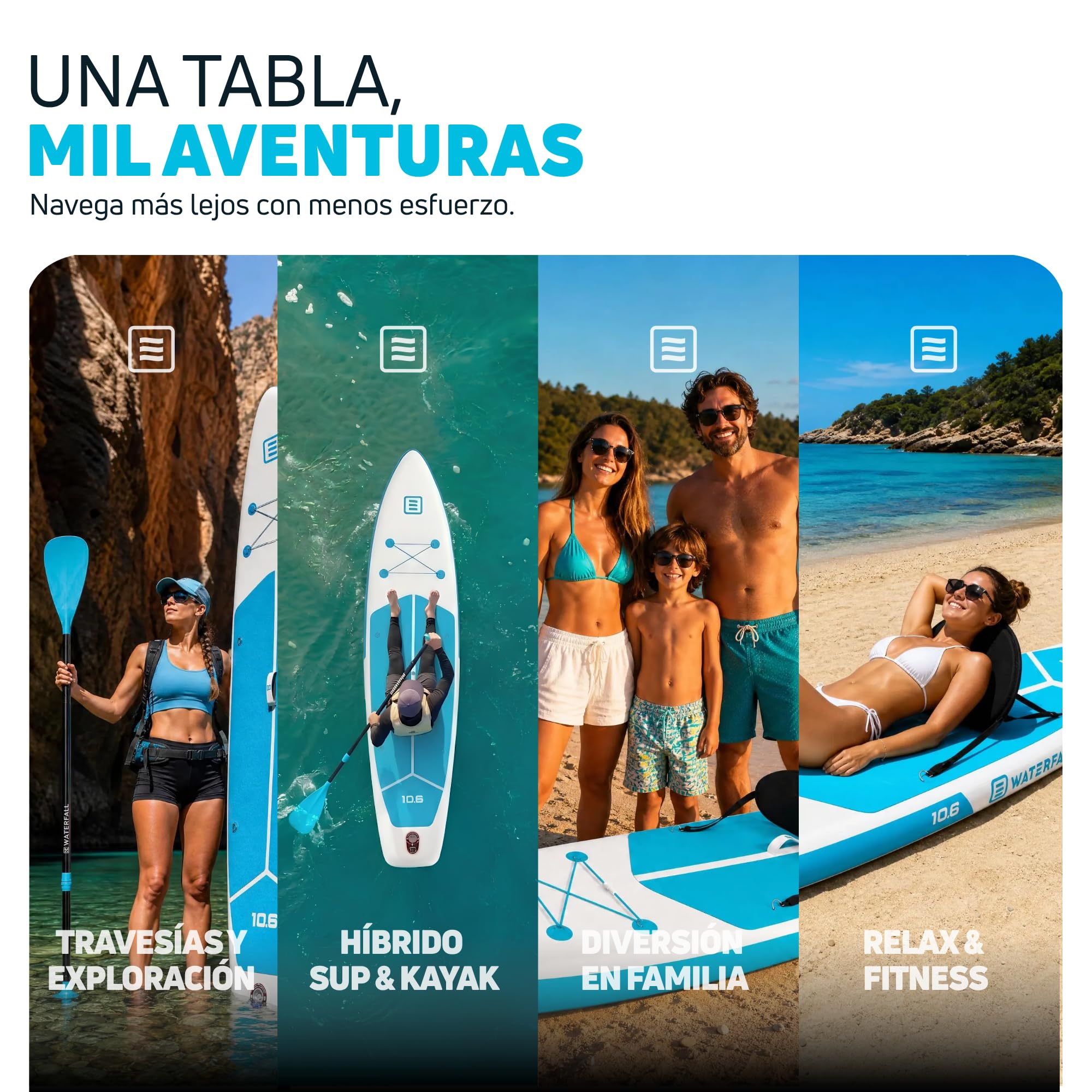 Waterfall Tabla Paddle Surf Hinchable Touring 10.6, Stand Up Paddle Board Sup Travesía Adultos, Jóvenes, Kit Accesorios, Remo, Mochila, Preinstalación Asiento Kayak, Estable, Ligera, 320x81x15cm