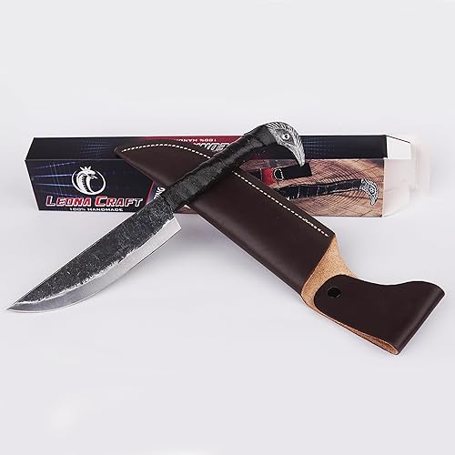 Miniatura 4 de LEONA CRAFT® Cuchillo de caza fijo hecho a mano | Cuchillo vikingo nórdico de cabeza de cuervo Odin's con funda de cuero, hoja de acero al carbono