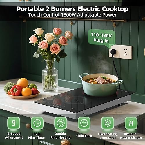 Miniatura 6 de Estufa eléctrica con 2 quemadores de 110 V  120 V, enchufe de 12 pulgadas, encimera o integrado, vidrio de cerámica, control táctil del sensor,