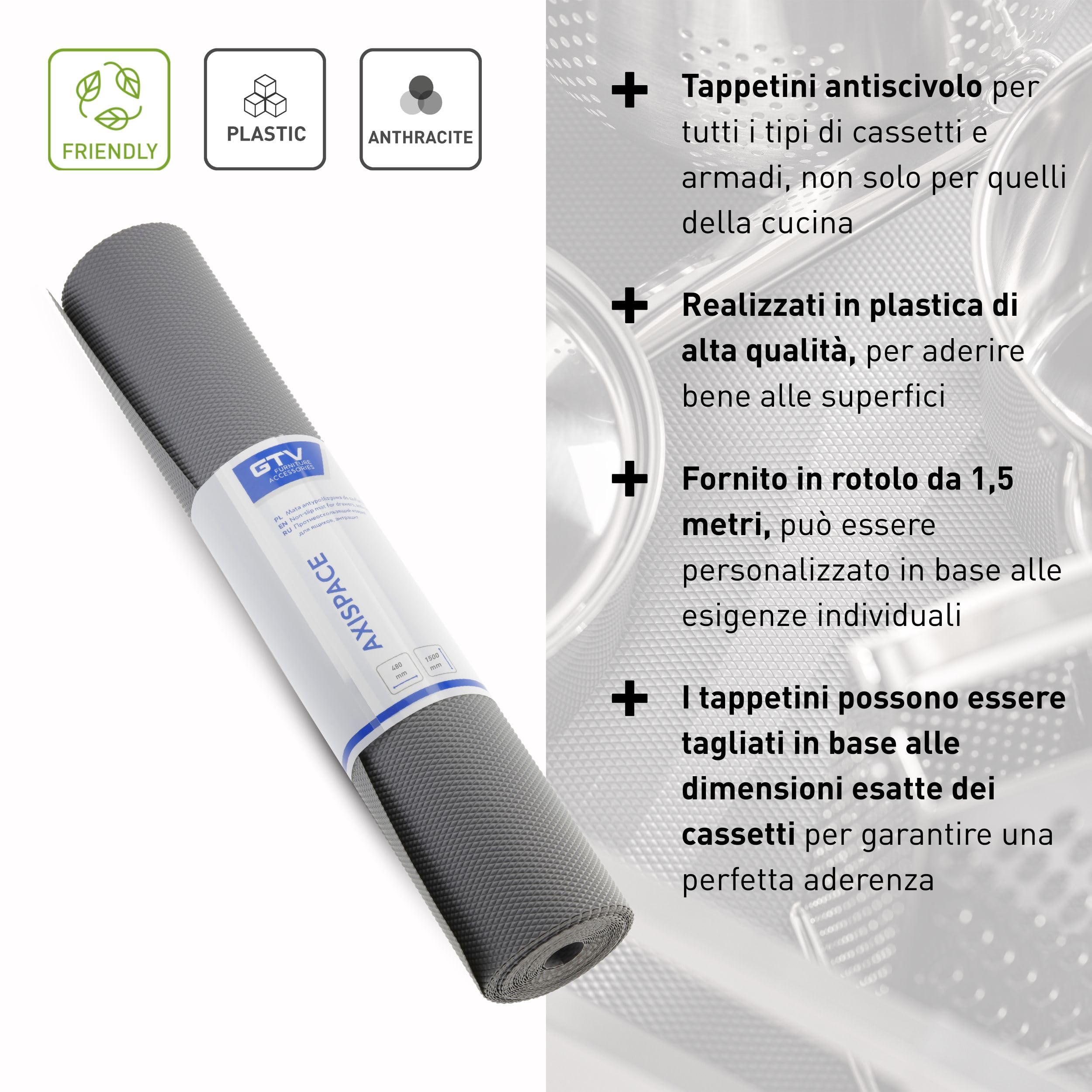 GTV - Tappetino per Cassetti e Ripiani del Frigorifero, Tappetino Antiscivolo Cucina, Proteggi Cassetti Cucina, Rivestimento Cassetti Cucina, Tappetino Cassetti Cucina - Antracite, 48 x 150 cm