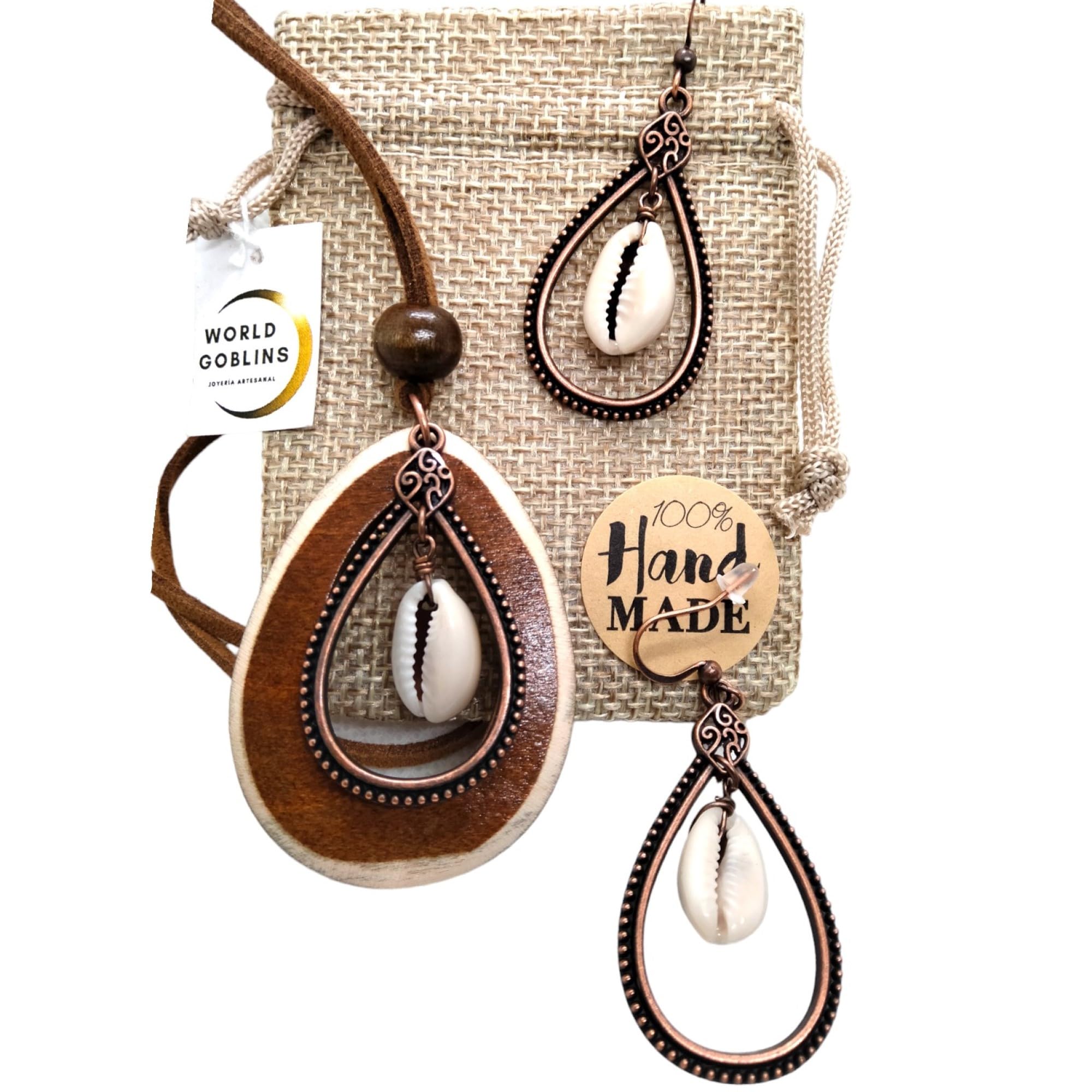 World Goblins WORLD GOBLINS Collar de Conchas Étnico Bronce, Collares Verano Mujer. Collar Conchas Naturales y Madera – Conjunto Collar Y Pendientes Hecho a Mano 100% Joyería. Regalo Ideal Original