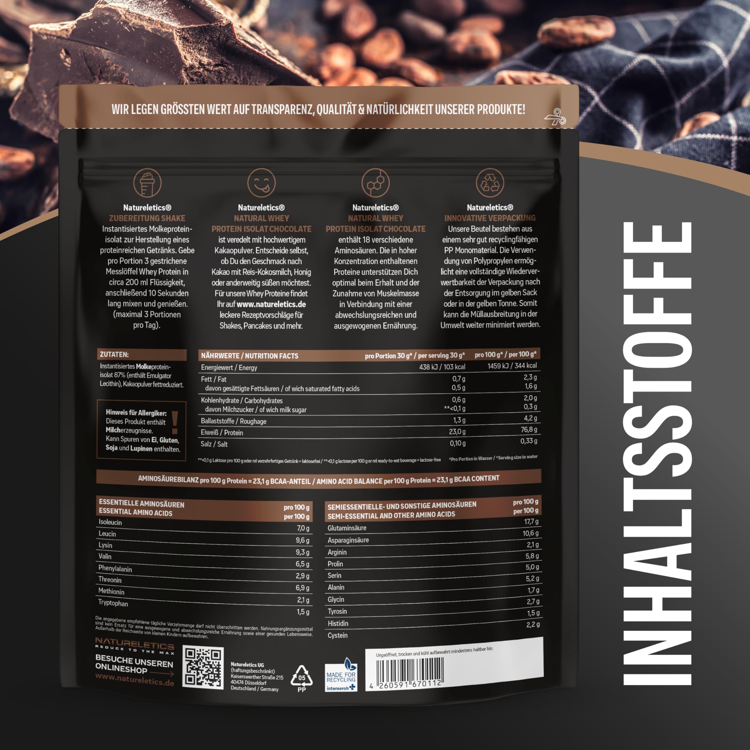 Natureletics PREMIUM WHEY ISOLAT SCHOKO, Laktosefrei, Fettarm, ohne Süßstoffe, ohne Zuckerzusatz, von grasgefütterten Kühen aus natürlicher Weidehaltung