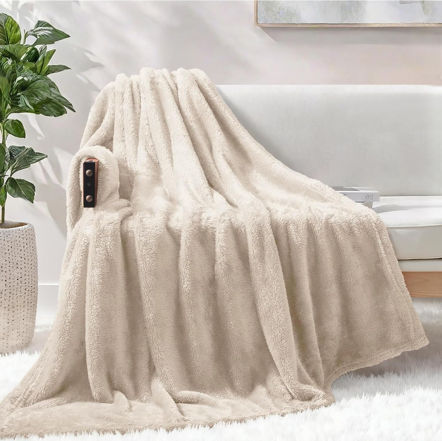 exclusivo mezcla plush fuzzy fleece throw blanket extra large, super soft, fluffy and warm blankets for couch, bed, suitable for all seasons (50x70 inches, beige) beige 50x70 in