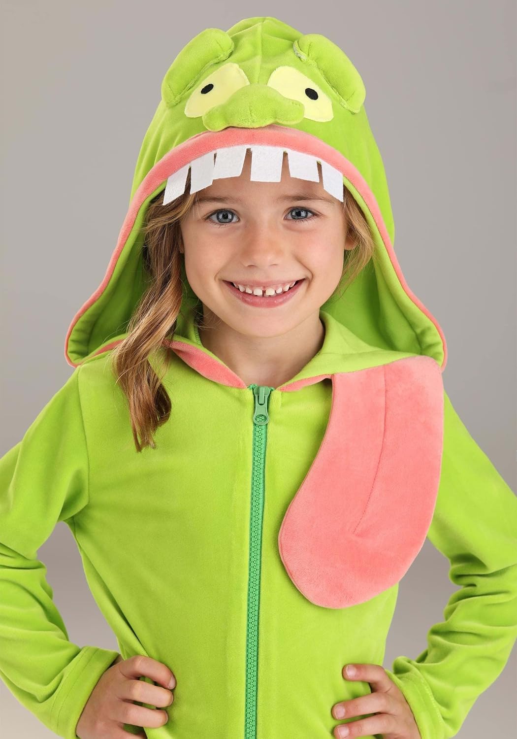 Toddler Slimer Costume | Officially Licensed Kids Ghostbusters Zip Up Hoodie With Fleece Pink Tongue Detail
