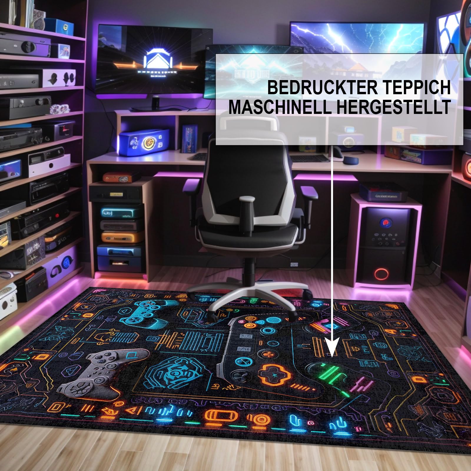 bamyum Blackcat Gamer Bedruckter Teppich Chenille-Druck Maschinell Hergestellt für Spielzimmer, Gamer-Teppiche für Schlafzimmer, Videospiel Waschbarer Gaming-Teppich 120Xx180