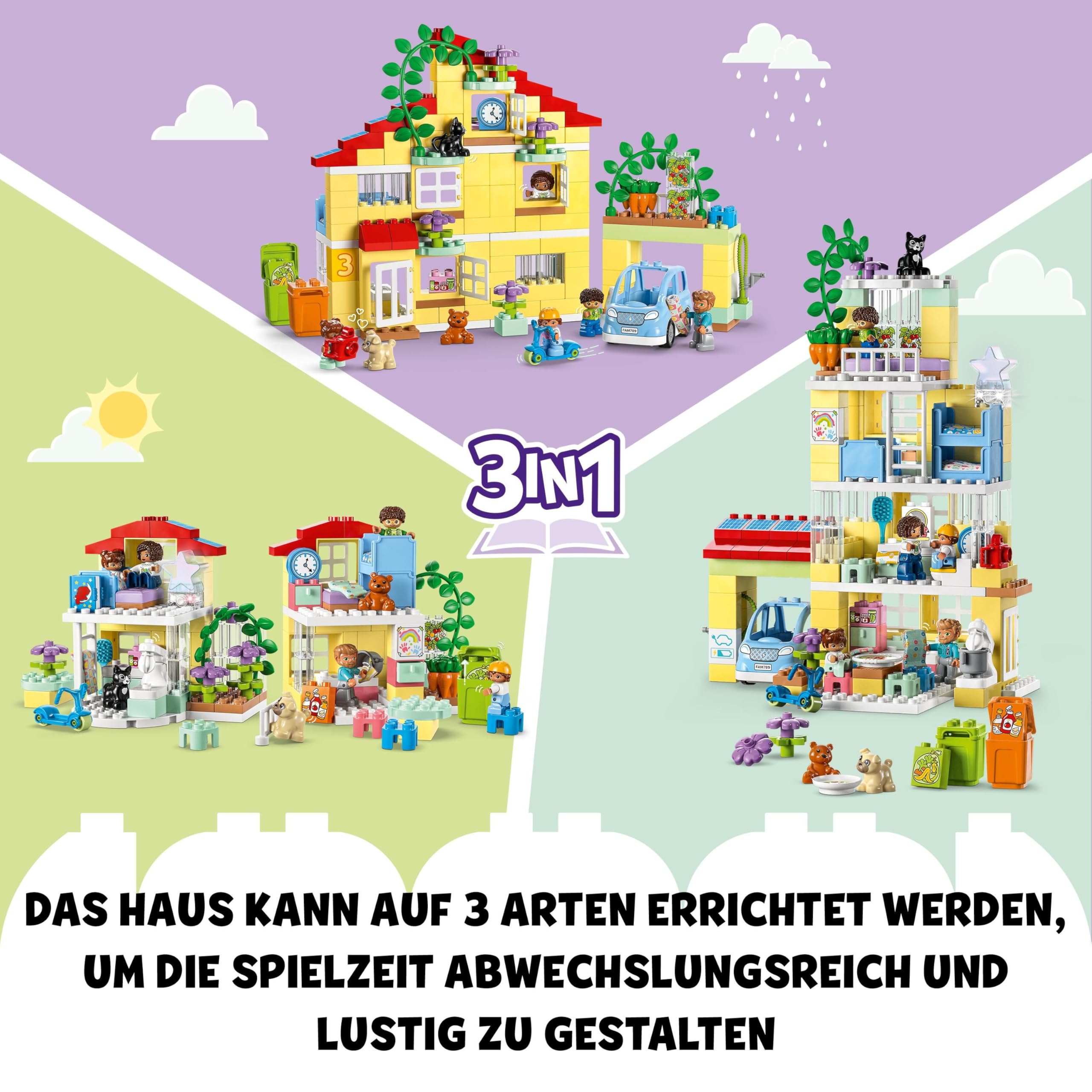 LEGO 10994 DUPLO 3-in-1-Familienhaus, Puppenhaus aus Bausteinen mit Push&Go Auto, 5 Figuren, 2 Tieren und Spielzeug-Lampe, Spielhaus Geschenk für Kleinkinder, Mädchen und Jungen ab 3 Jahren