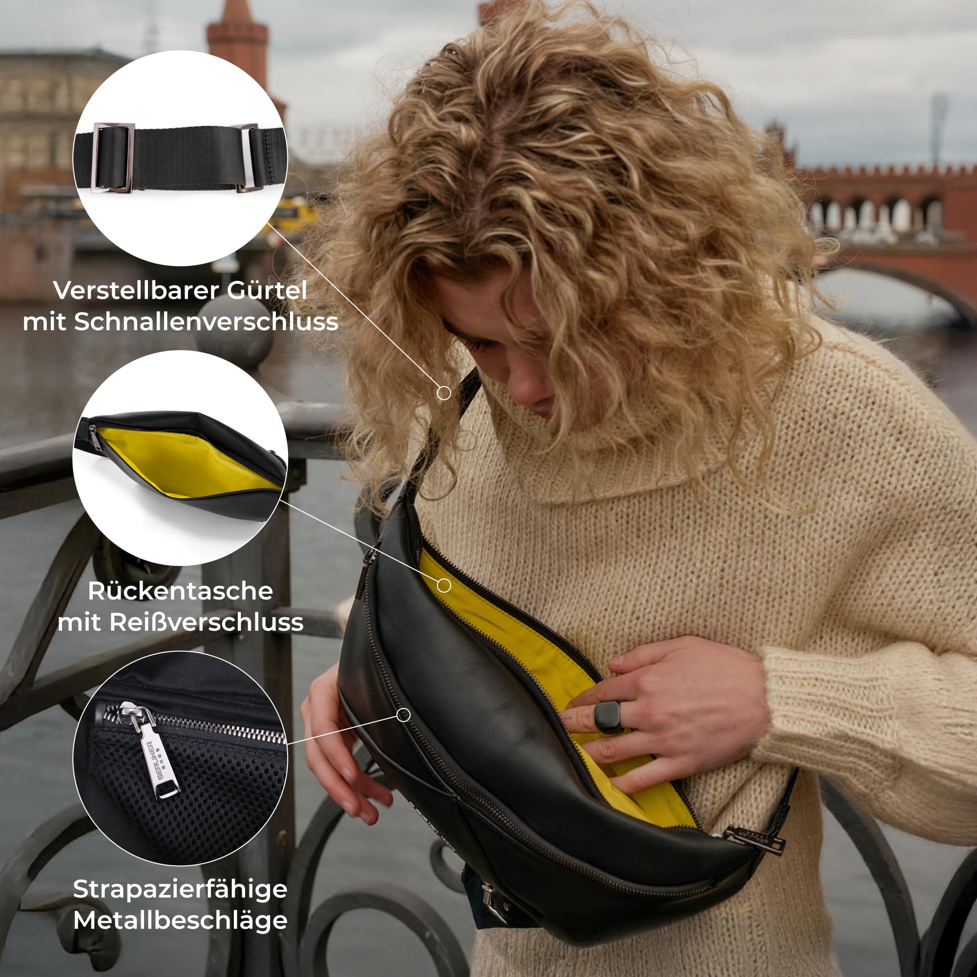 Berliner Bags Premium Bauchtasche Feline, Umhängetasche aus Leder, Crossbody Tasche, Gürteltasche für Damen und Herren - Schwarz