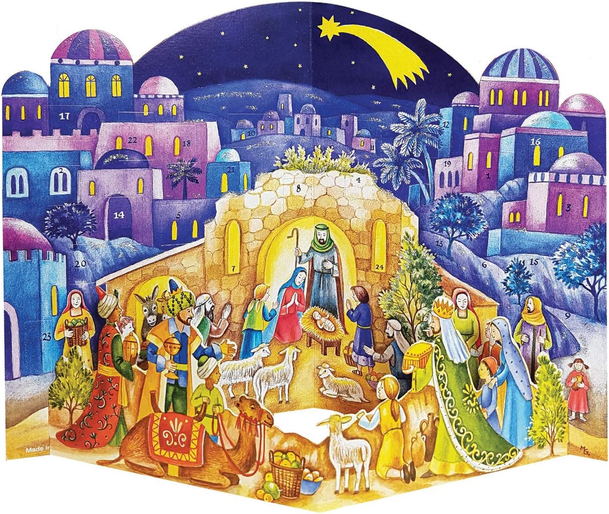 Large Two Part Free Standing Advent Calendar 24 Doors 370 x 265 mm - Nativity Blue Bethlehem pop up - with Glitter and Translucent Windows - RS 572 - Traditional Antique German Design