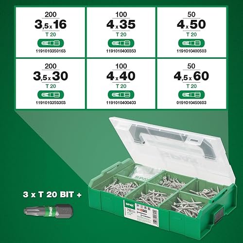 SPAX L-BOXX Mini Coffret de 700 Vis WIROX, Tête Fraisée, T20, 700 pcs. | Kit complet avec 6 tailles de vis bois, filetage total et partiel, incluant 3 embouts T-STAR plus et gants de travail - 3