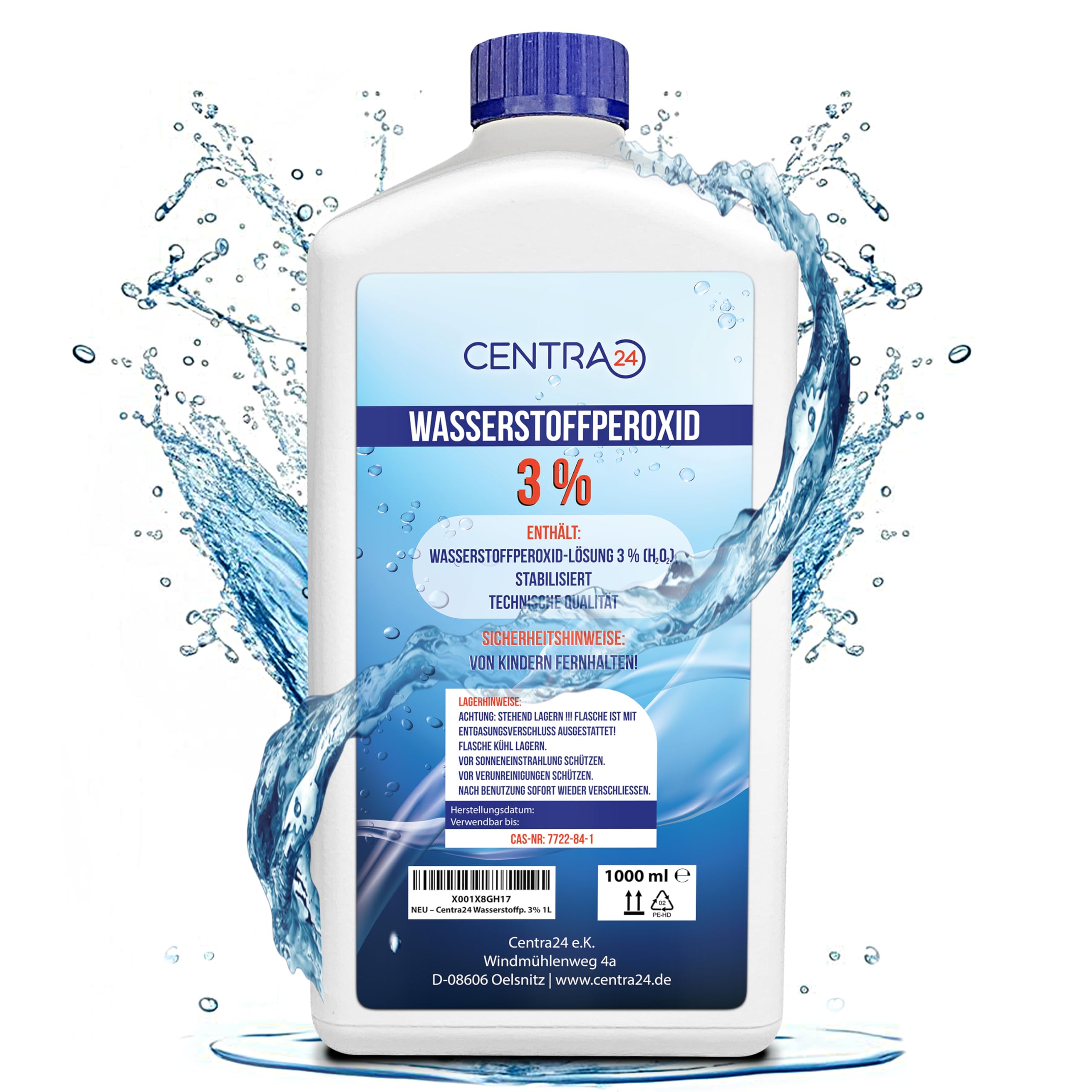 Centra24 Wasserstoffperoxid 3% 1000ml - Immer Frisch, stabilisiert, technisch - mit Entgasungsverschluss, Labor, Experiment, Bleichen