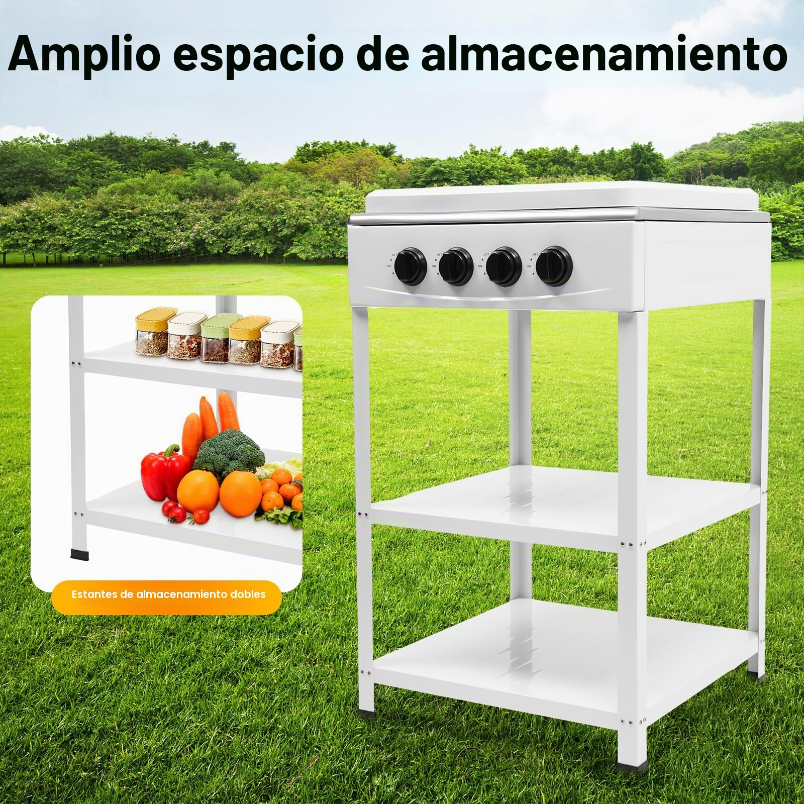 Cocinera de Gas de 4 Quemadores, Rechaud de Gas Portátil, Hornillo de Camping, Hornillo de Gas Independiente, Placa de Cocina con Doble Gabinete, Para Camping, Casa y Restauración, Blanco