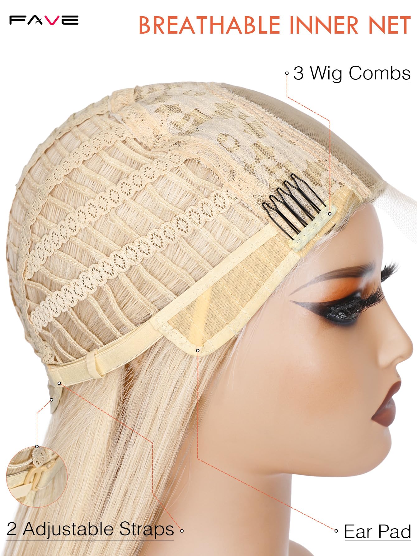 FAVE Peruka blond, 65 cm, damska, długa, odporna na wysokie temperatury, syntetyczna peruka z iluzoryczną koronką, przedziałek na środku, do noszenia na co dzień, do cosplay