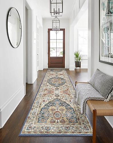 vivorug Alfombra antideslizante lavable para corredores de 2 x 8 pies, alfombra de pasillo con medallón envejecida para cocina, cuarto de servicio,