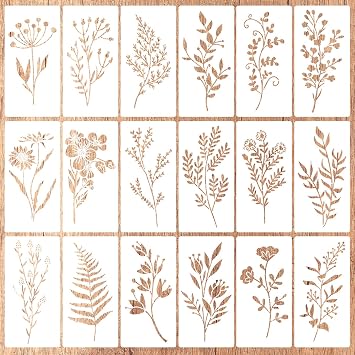 18pcs Wildflower Stencils for Painting, Leaves and Flower Stencil Reusable Botanical Floral Drawing Templates for Wood Craft Canvas Wall Art Furniture Decor