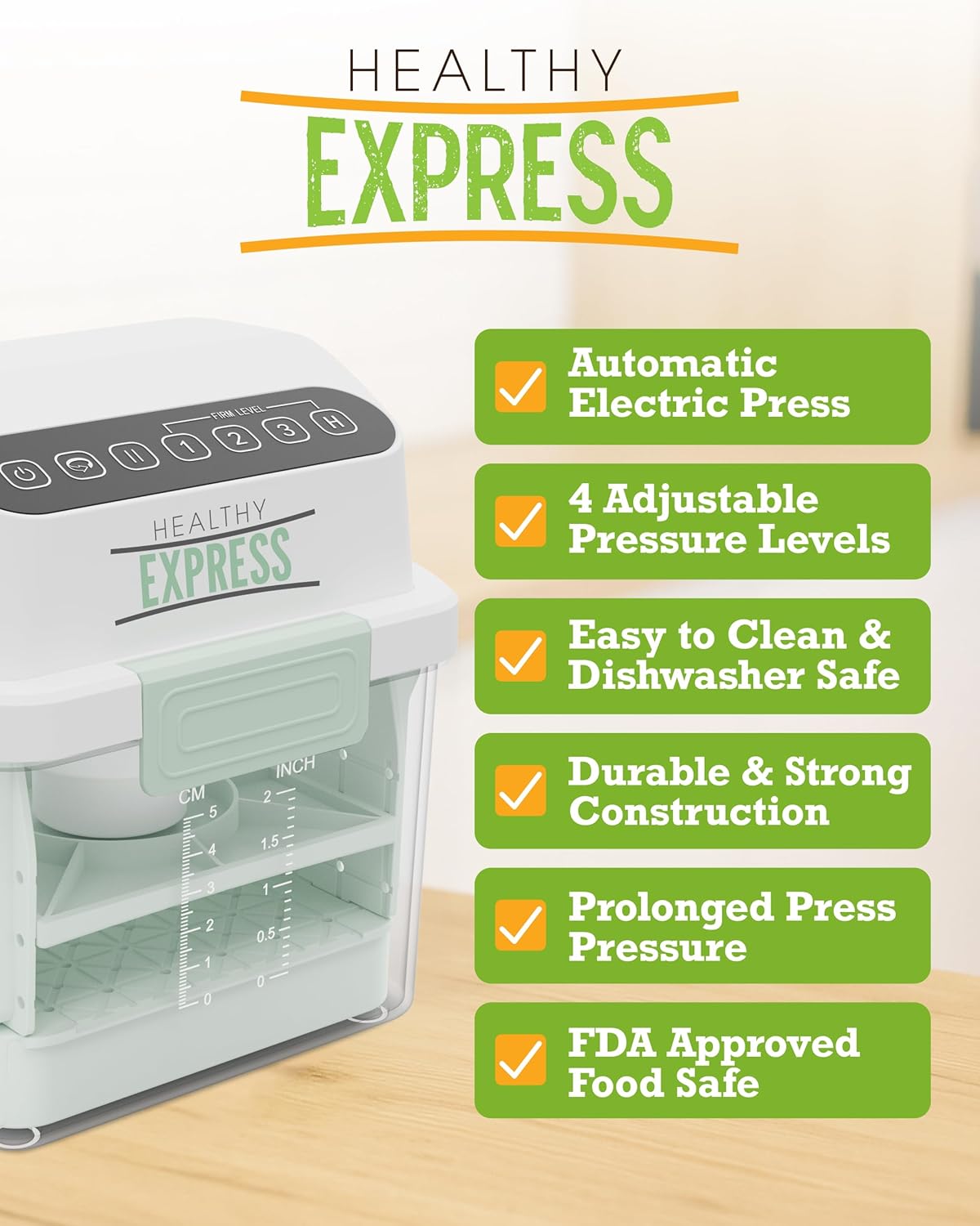 Healthy Express Electric Tofu Press - Your Perfect Press, Now at the Touch of a Button - Adjustable Firmness Levels - 10 minute Hands Free Water Removal - Dishwasher Cleanup