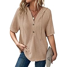 Womens Summer Tops Waffle Knit Short Sleeve Lightweight Drawstring Hoodies Button V Neck Casual Blouses Shirts